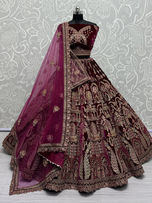 Lovely Pink Dori Work Velvet Bridal Lehenga Choli With Double Dupatta - Zeel Clothing