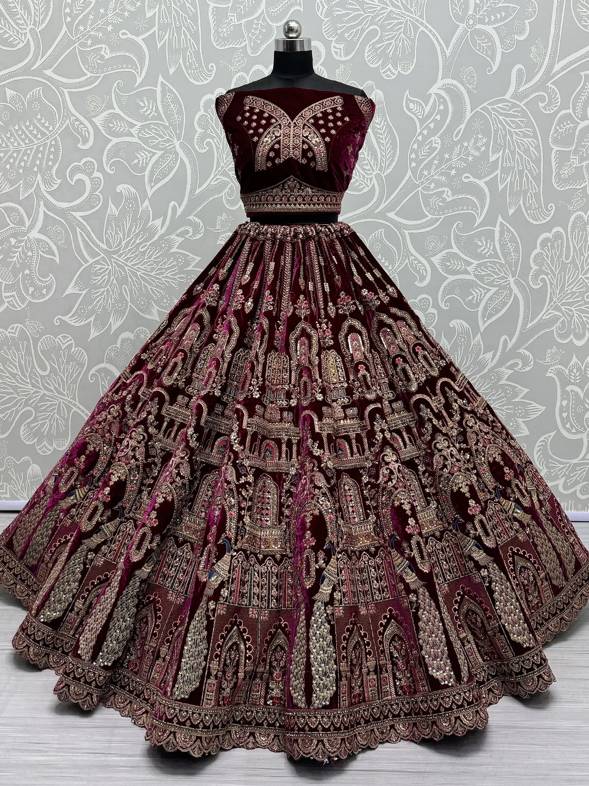 Lovely Pink Dori Work Velvet Bridal Lehenga Choli With Double Dupatta - Zeel Clothing