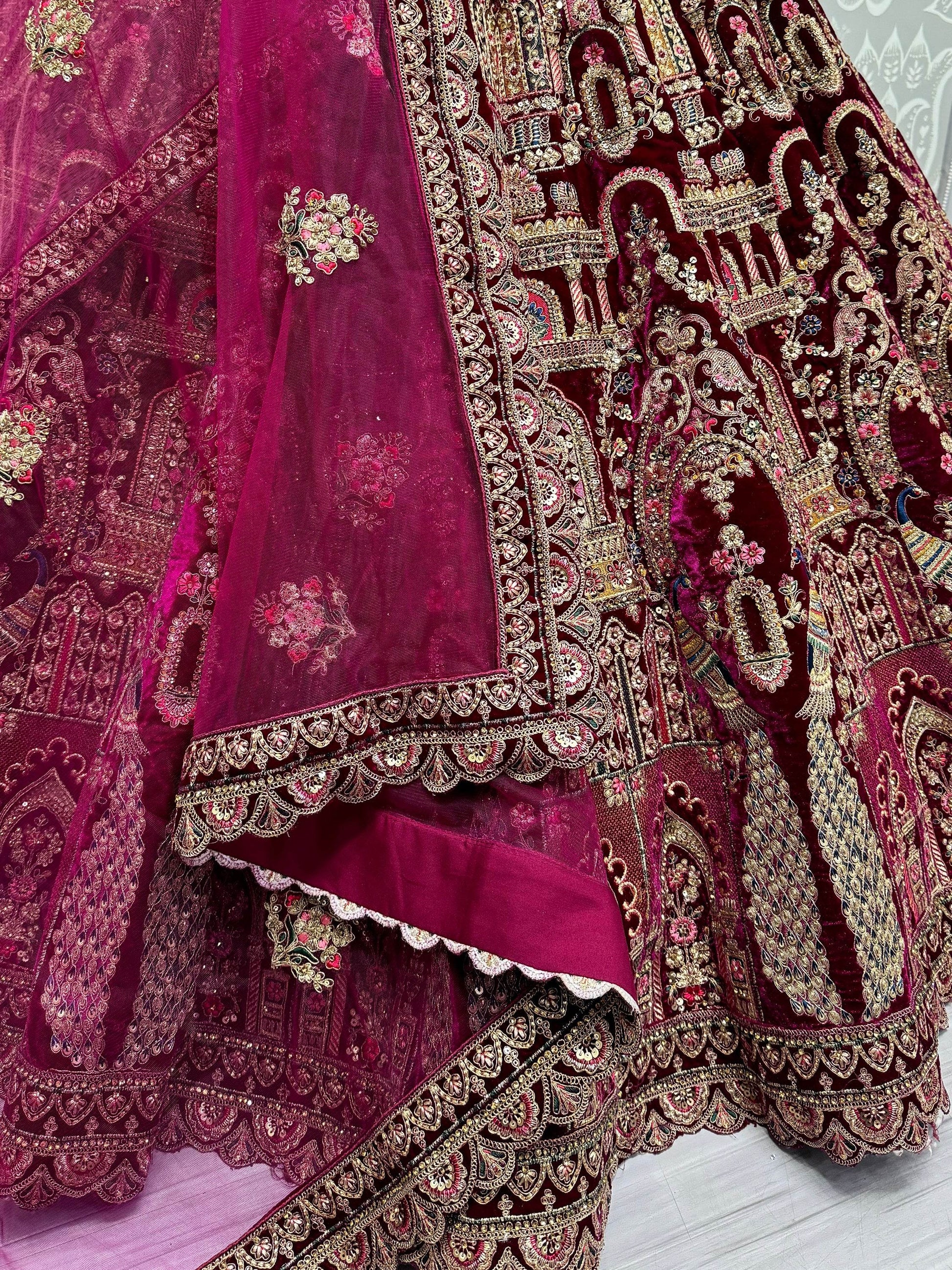 Lovely Pink Dori Work Velvet Bridal Lehenga Choli With Double Dupatta - Zeel Clothing