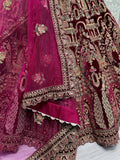 Lovely Pink Dori Work Velvet Bridal Lehenga Choli With Double Dupatta - Zeel Clothing
