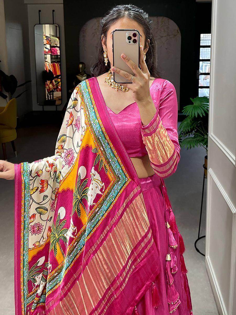 Lovely Pink Gaji Silk Wedding Lehenga Choli With Bandhani Dupatta - Zeel Clothing