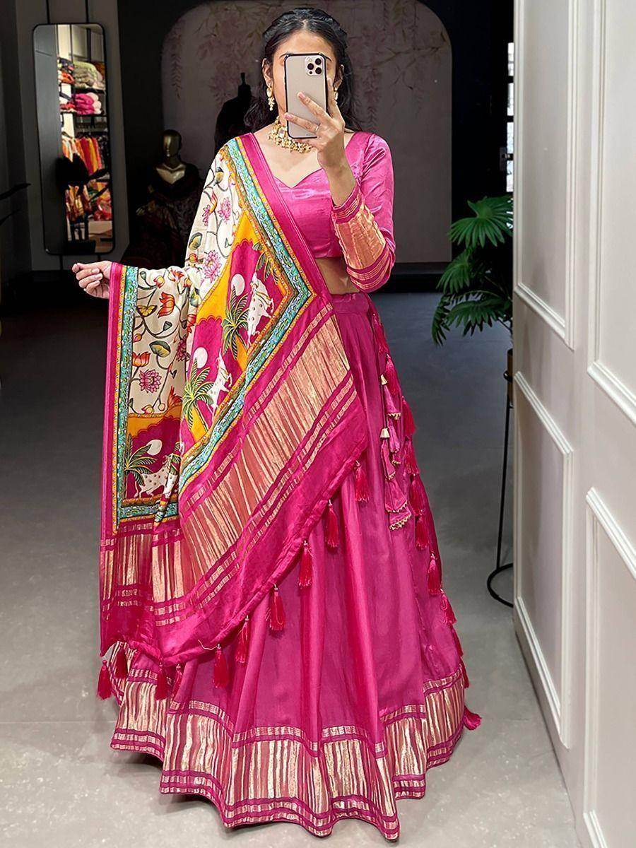 Lovely Pink Gaji Silk Wedding Lehenga Choli With Bandhani Dupatta - Zeel Clothing