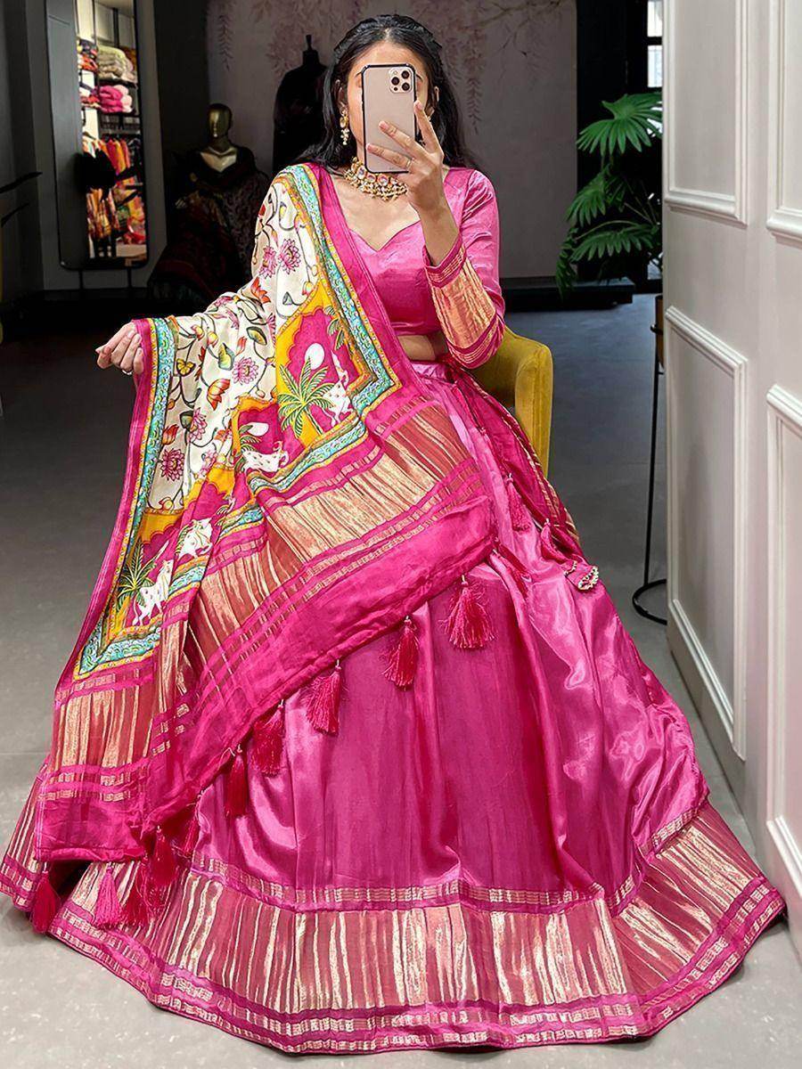 Lovely Pink Gaji Silk Wedding Lehenga Choli With Bandhani Dupatta - Zeel Clothing