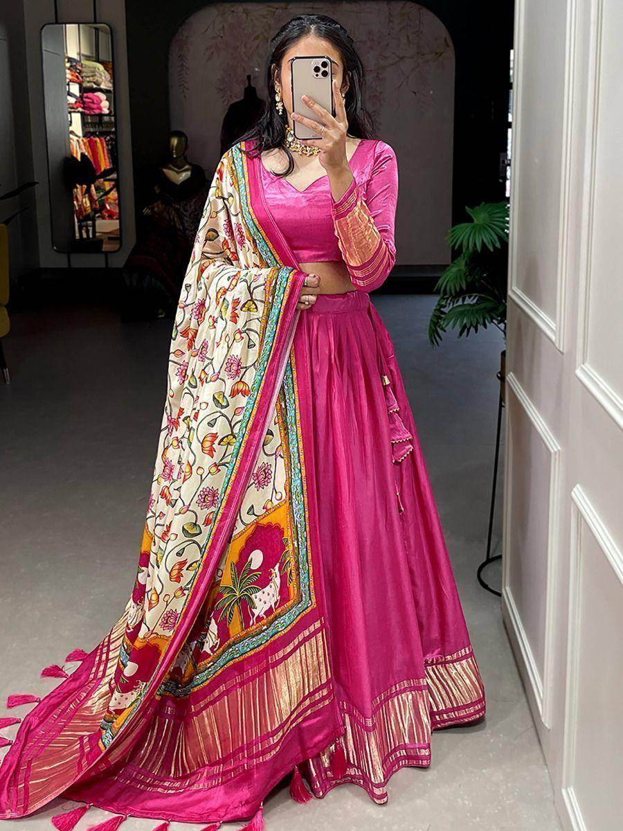 Lovely Pink Gaji Silk Wedding Lehenga Choli With Bandhani Dupatta - Zeel Clothing