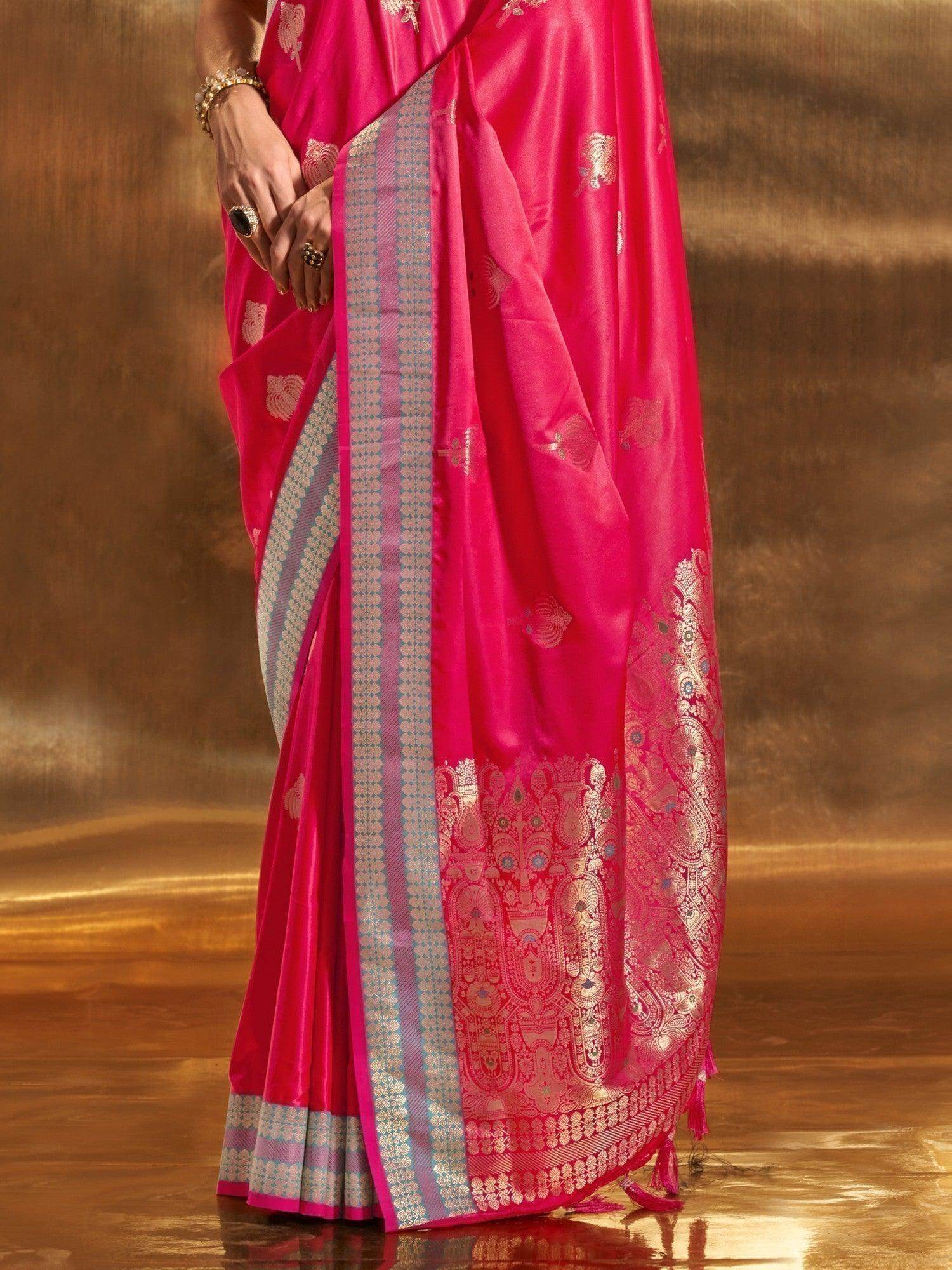 Lovely Pink Handloom Weaving Satin Reception Wear Saree With Blouse - Zeel Clothing
