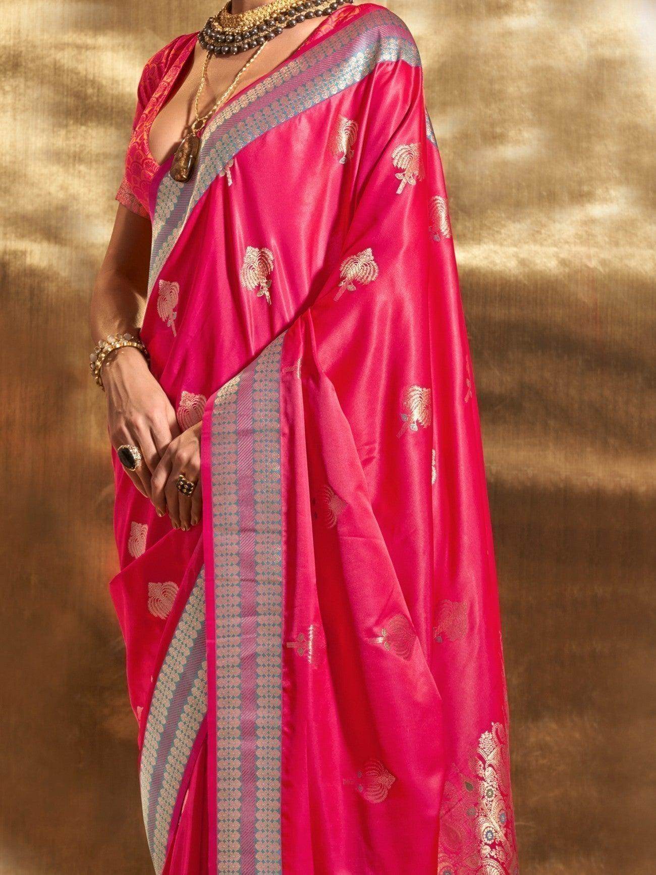Lovely Pink Handloom Weaving Satin Reception Wear Saree With Blouse - Zeel Clothing