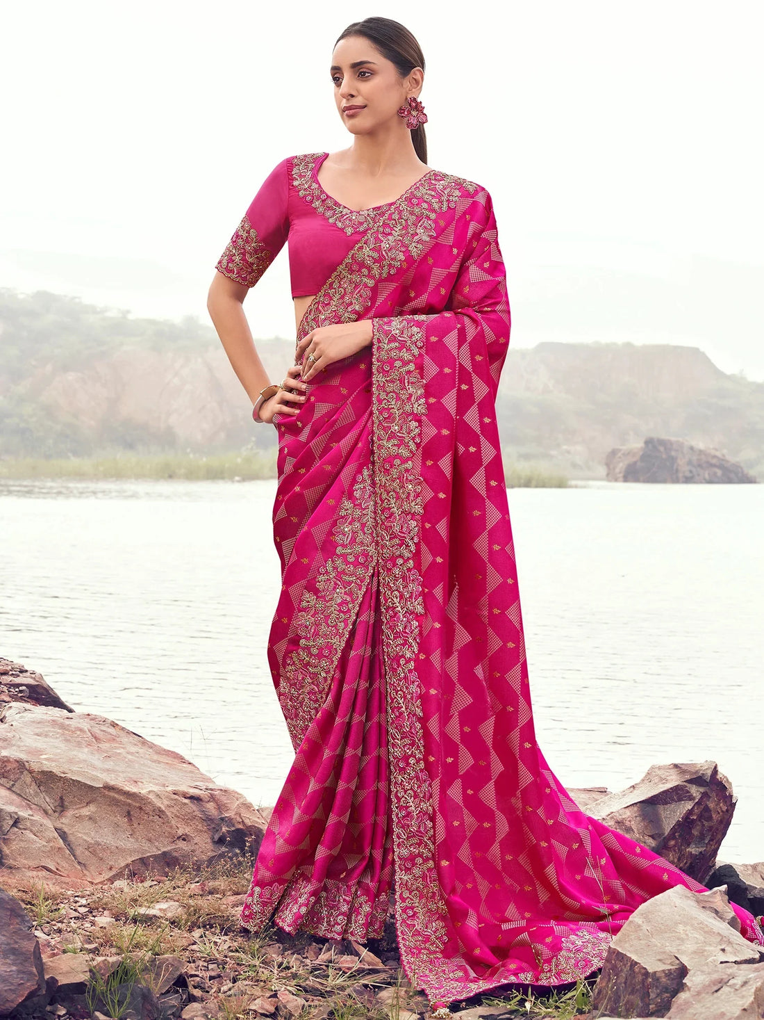 Lovely Pink Khatli Work Satin Traditional Saree With Blouse