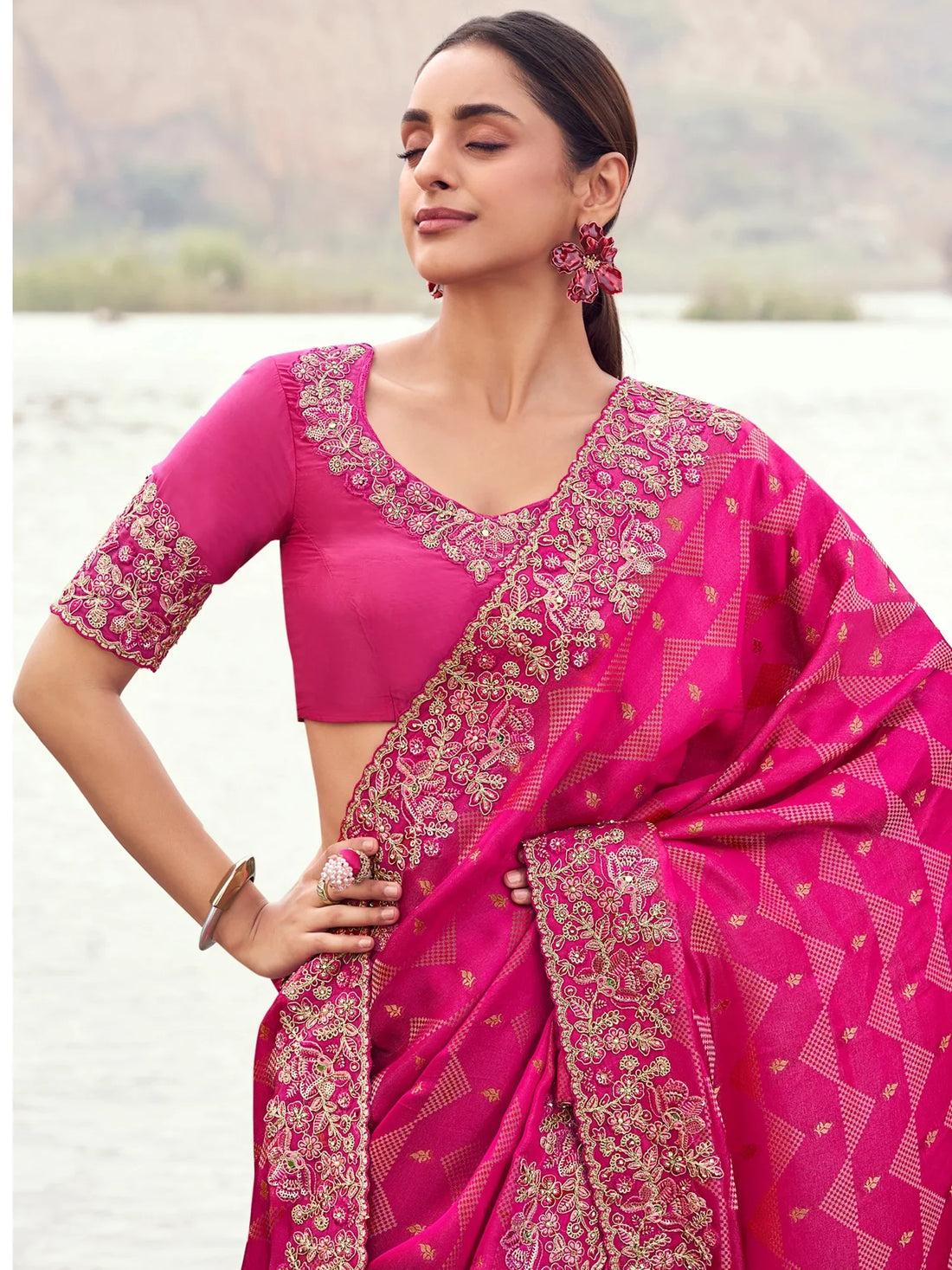 Lovely Pink Khatli Work Satin Traditional Saree With Blouse