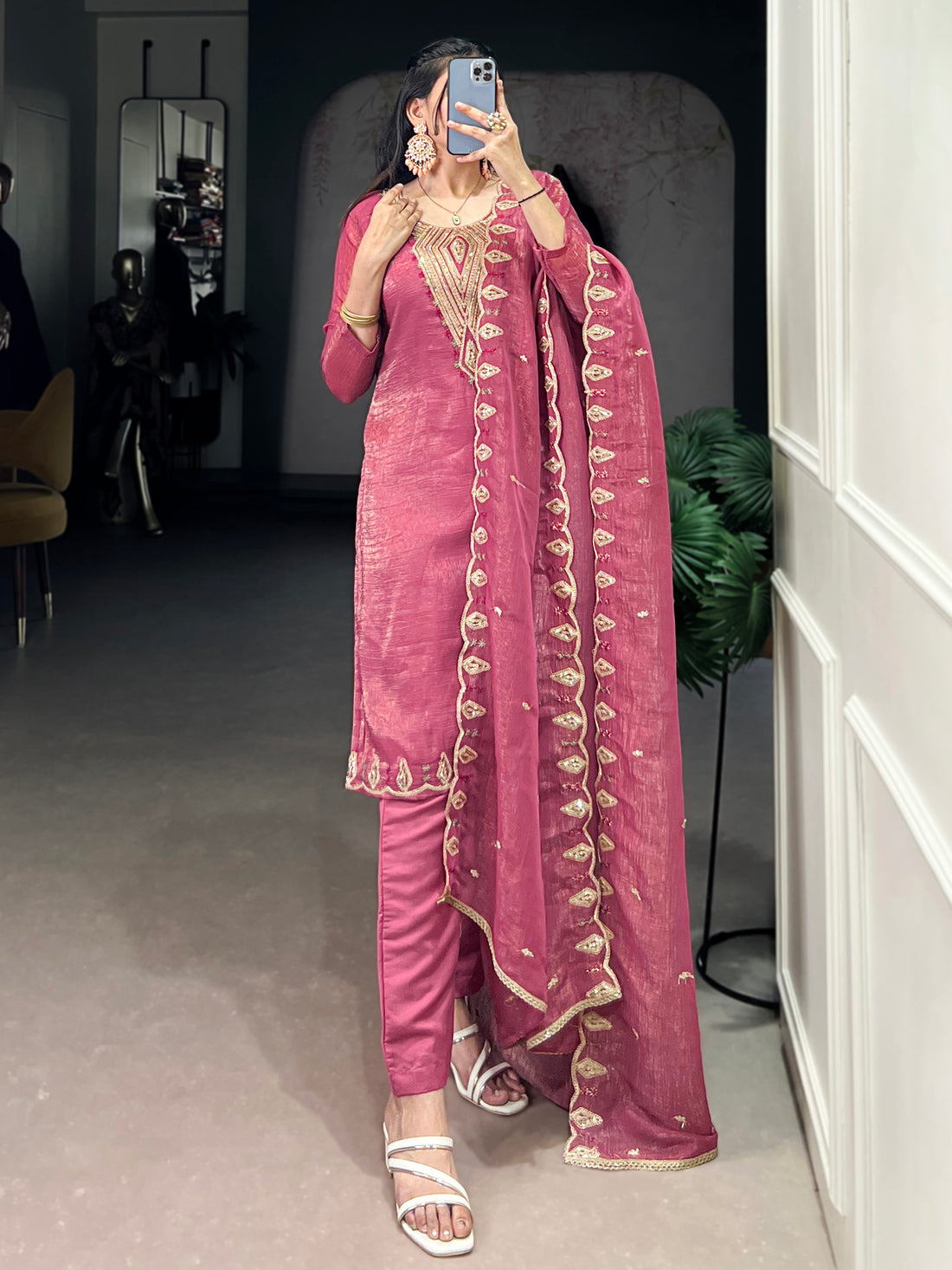 Lovely Pink Organza Thread Embroidery Festive Wear Pant Suit - Zeel Clothing