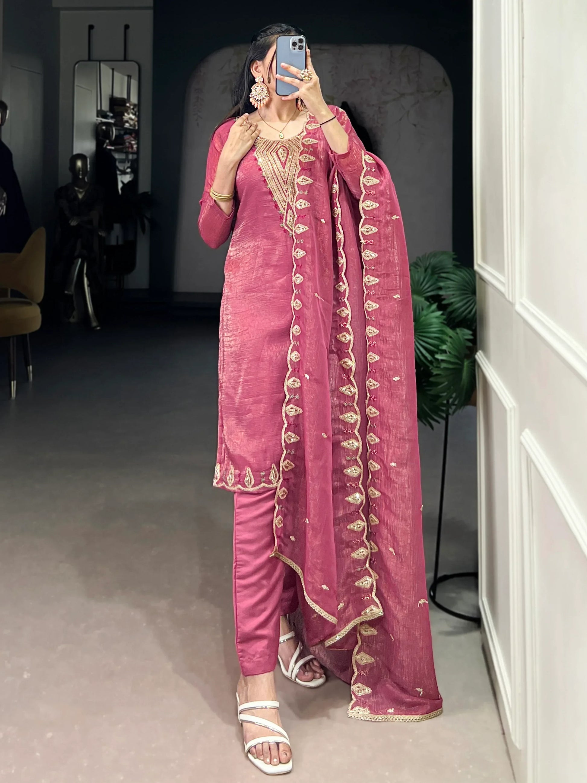 Lovely Pink Organza Thread Embroidery Festive Wear Pant Suit - Zeel Clothing