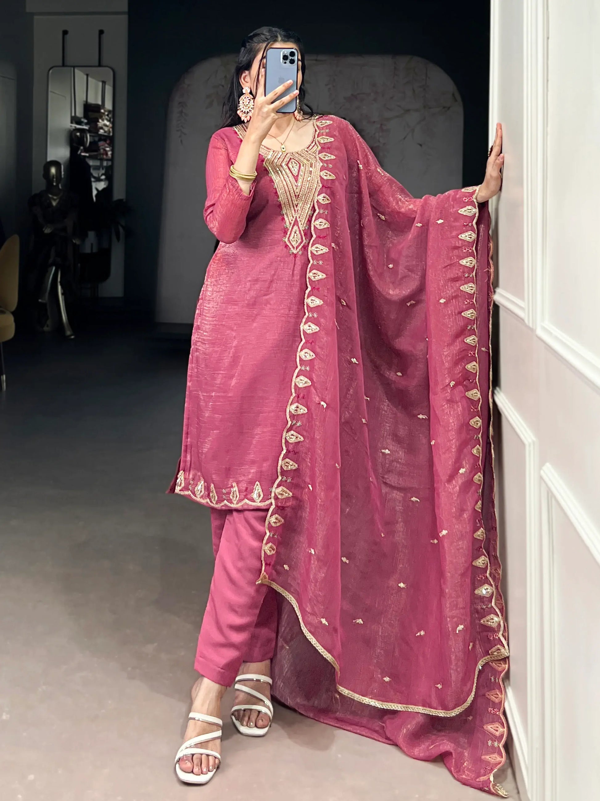 Lovely Pink Organza Thread Embroidery Festive Wear Pant Suit - Zeel Clothing