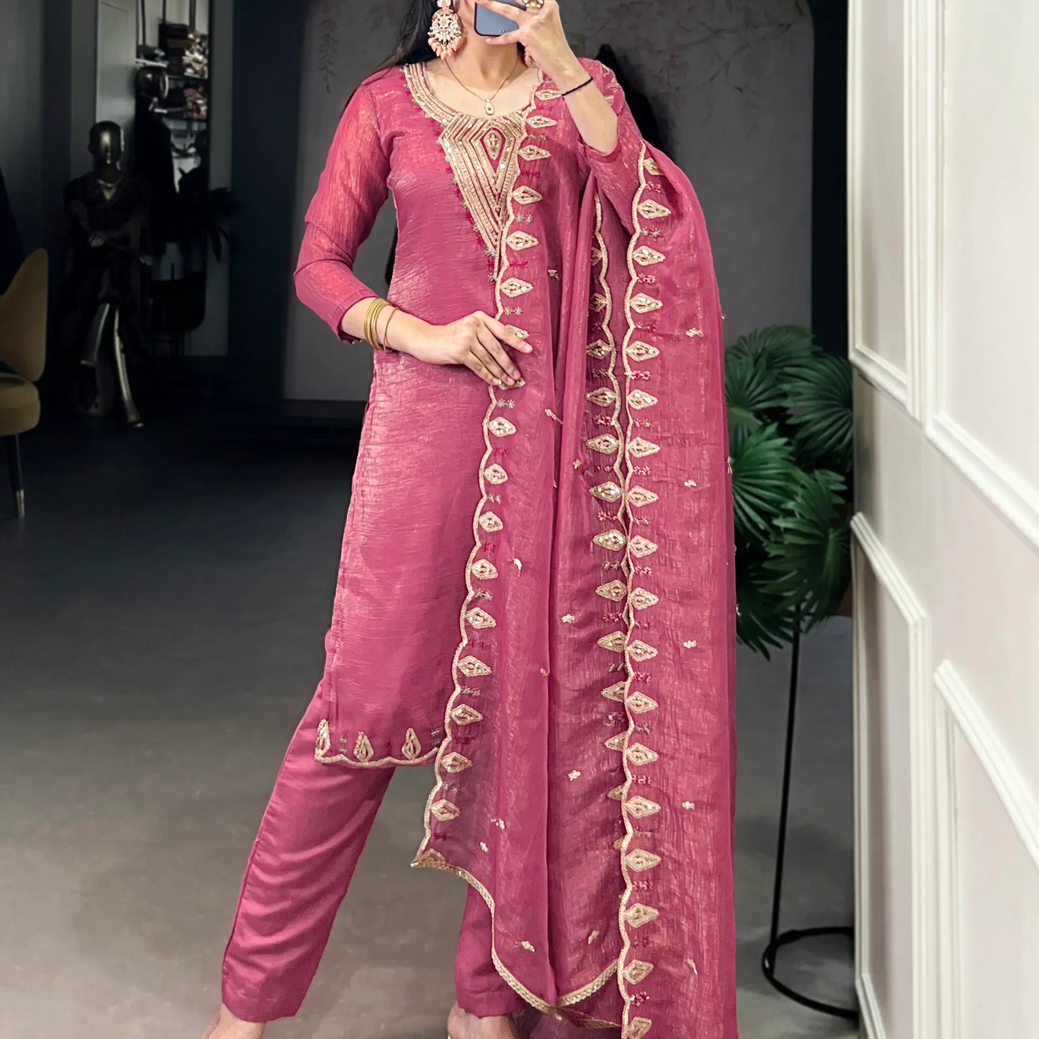 Lovely Pink Organza Thread Embroidery Festive Wear Pant Suit - Zeel Clothing