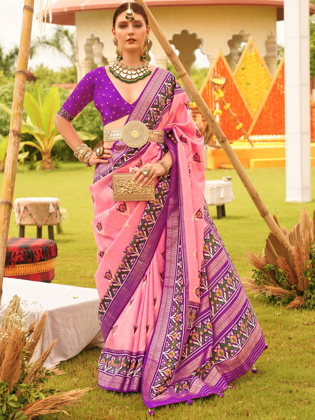 Lovely Pink Patola Printed Silk Ceremonial Wear Saree With Blouse - Zeel Clothing