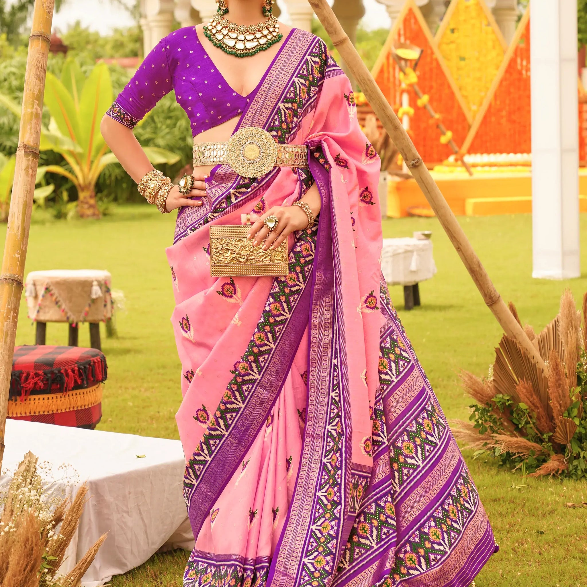 Lovely Pink Patola Printed Silk Ceremonial Wear Saree With Blouse - Zeel Clothing