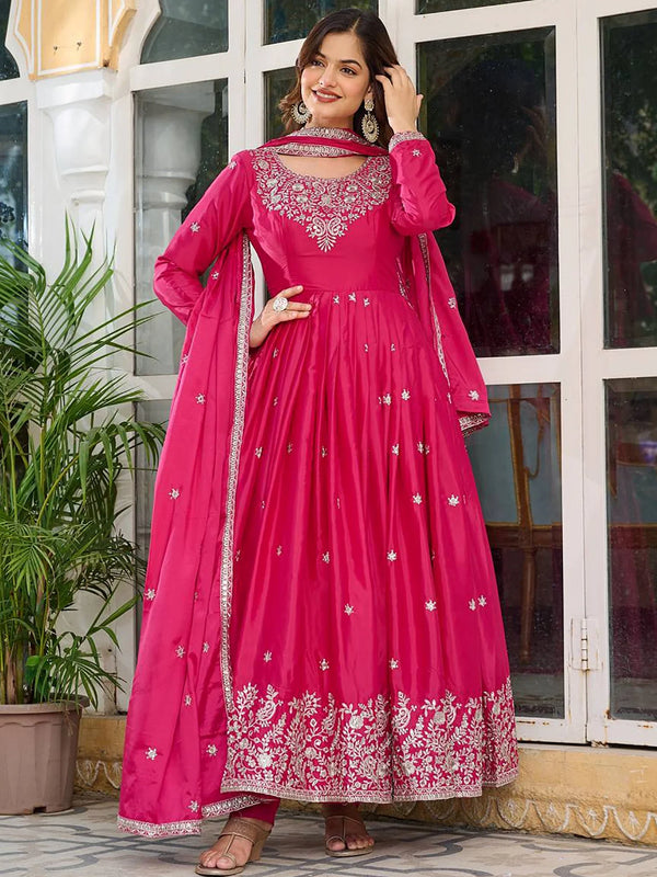 Lovely Pink Sequins Work Silk Evening Parties Gown With Dupatta