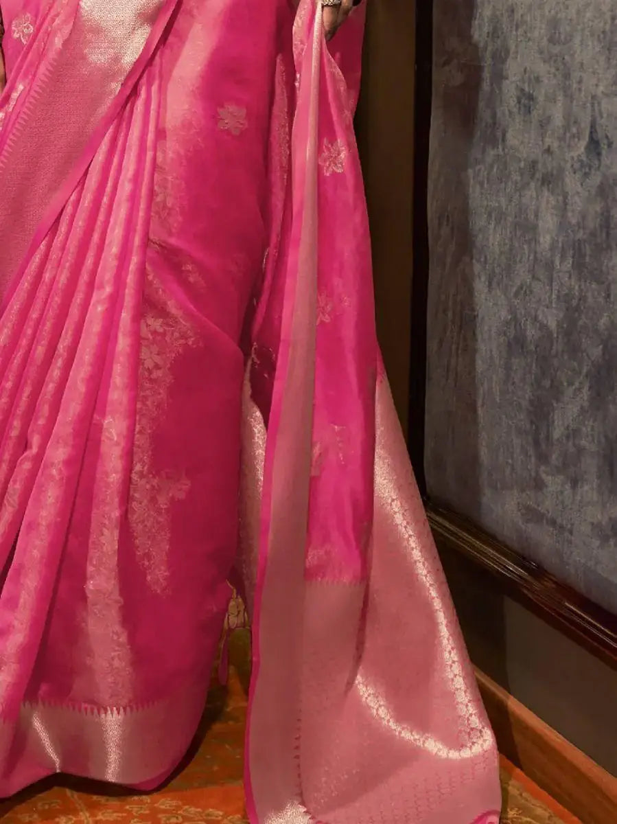 Lovely Pink Zari Weaving Organza Wedding Wear Saree - Zeel Clothing