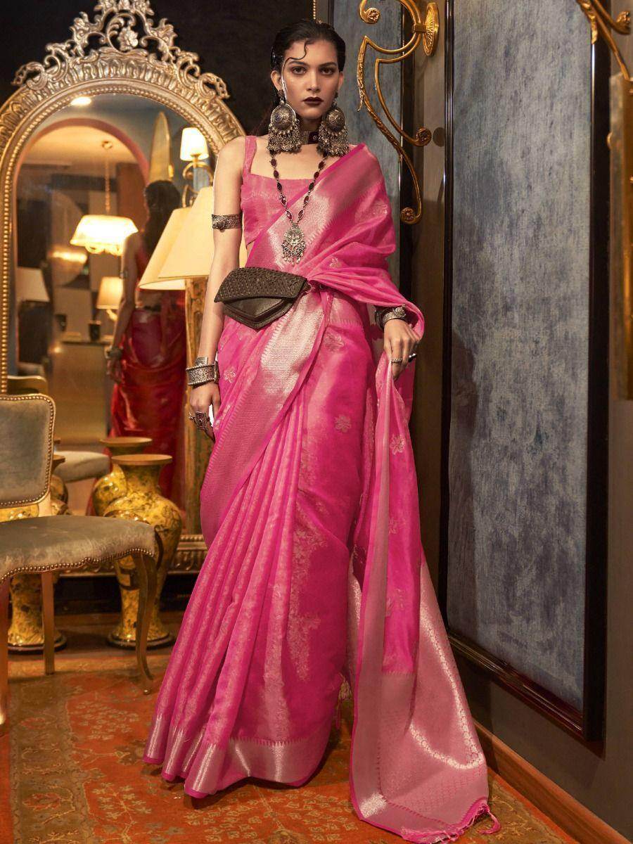 Lovely Pink Zari Weaving Organza Wedding Wear Saree - Zeel Clothing