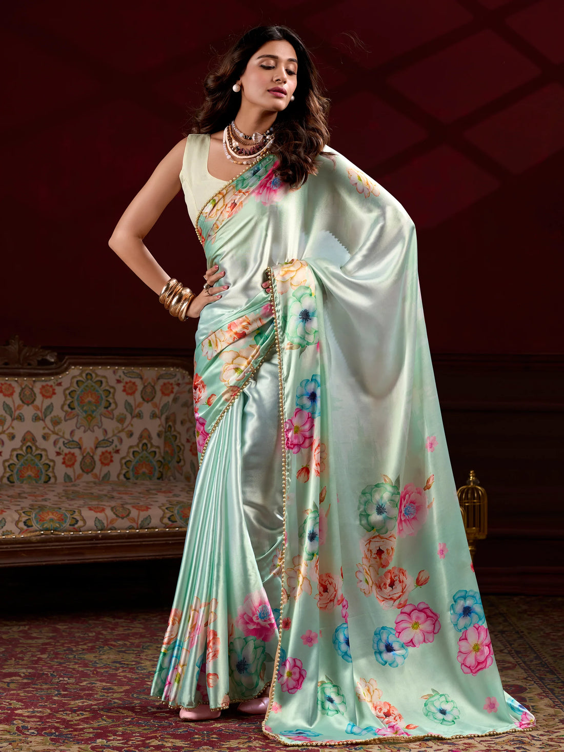 Lovely Pista Green Floral Printed Satin Designer Saree With Blouse - Zeel Clothing