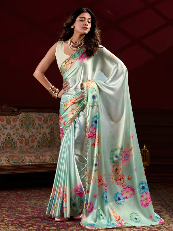 Lovely Pista Green Floral Printed Satin Designer Saree With Blouse - Zeel Clothing