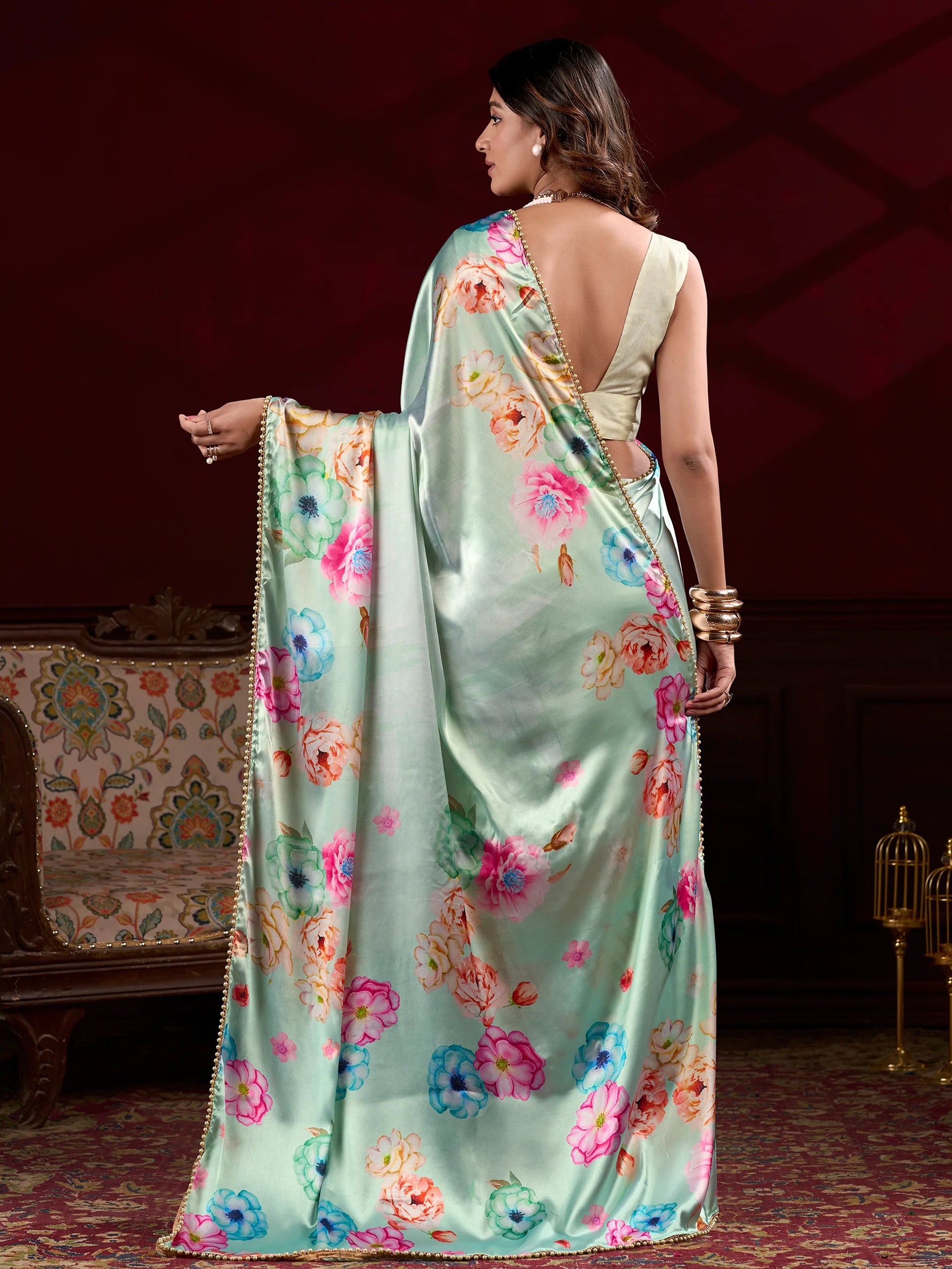 Lovely Pista Green Floral Printed Satin Designer Saree With Blouse - Zeel Clothing