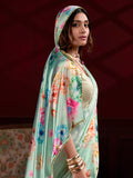 Lovely Pista Green Floral Printed Satin Designer Saree With Blouse - Zeel Clothing