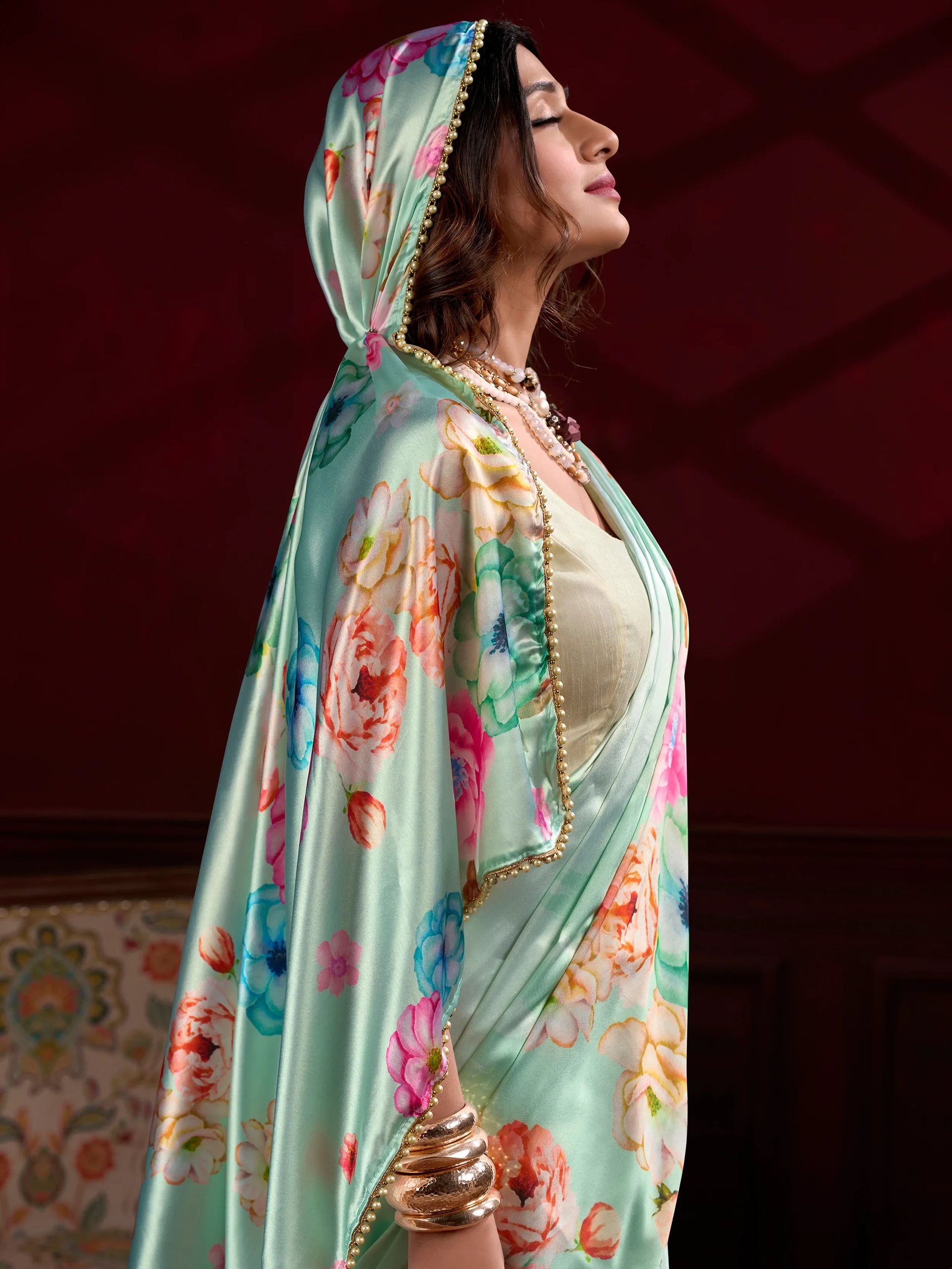 Lovely Pista Green Floral Printed Satin Designer Saree With Blouse - Zeel Clothing