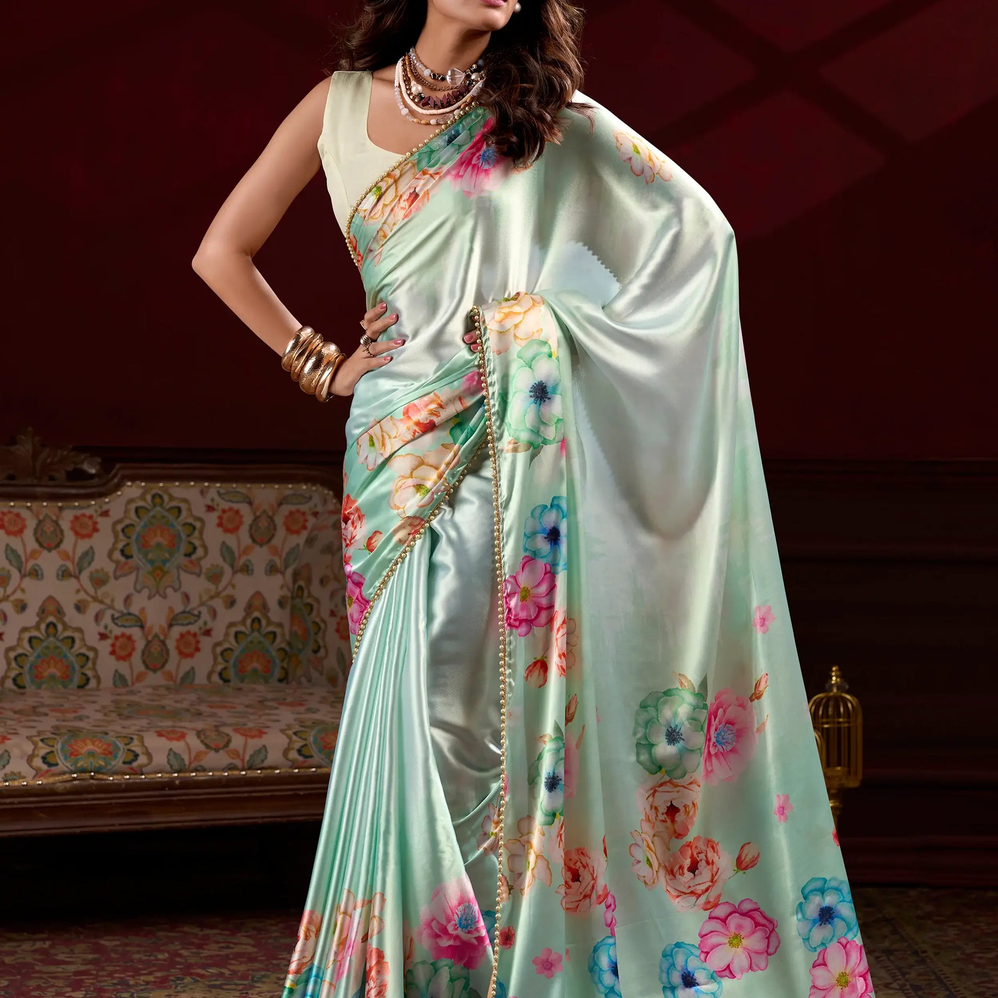 Lovely Pista Green Floral Printed Satin Designer Saree With Blouse - Zeel Clothing