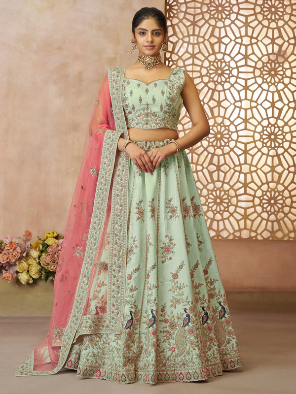 Lovely Pista Green Thread Work Silk Wedding Lehenga Choli With Dupatta - Zeel Clothing