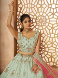 Lovely Pista Green Thread Work Silk Wedding Lehenga Choli With Dupatta - Zeel Clothing