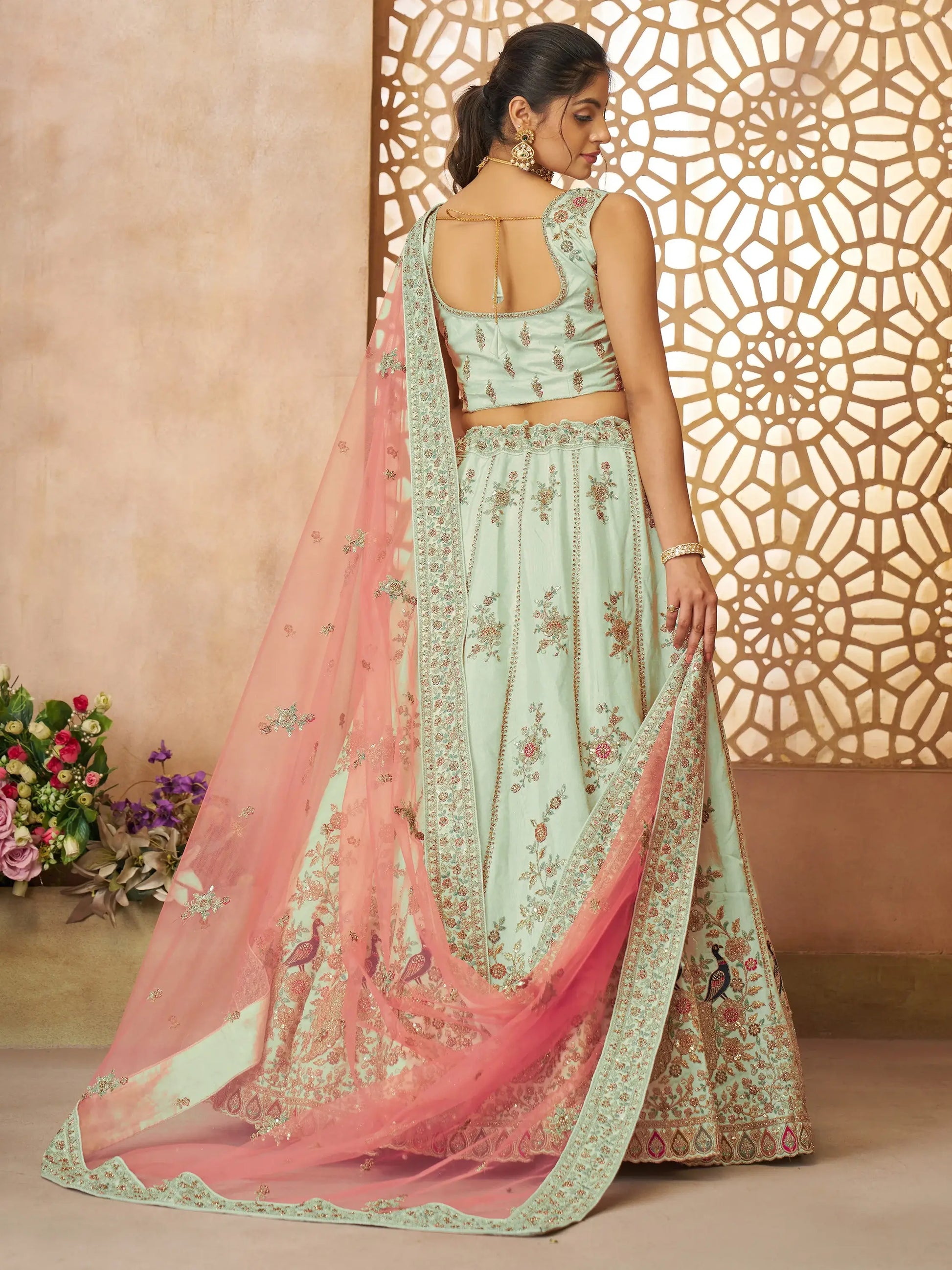 Lovely Pista Green Thread Work Silk Wedding Lehenga Choli With Dupatta - Zeel Clothing