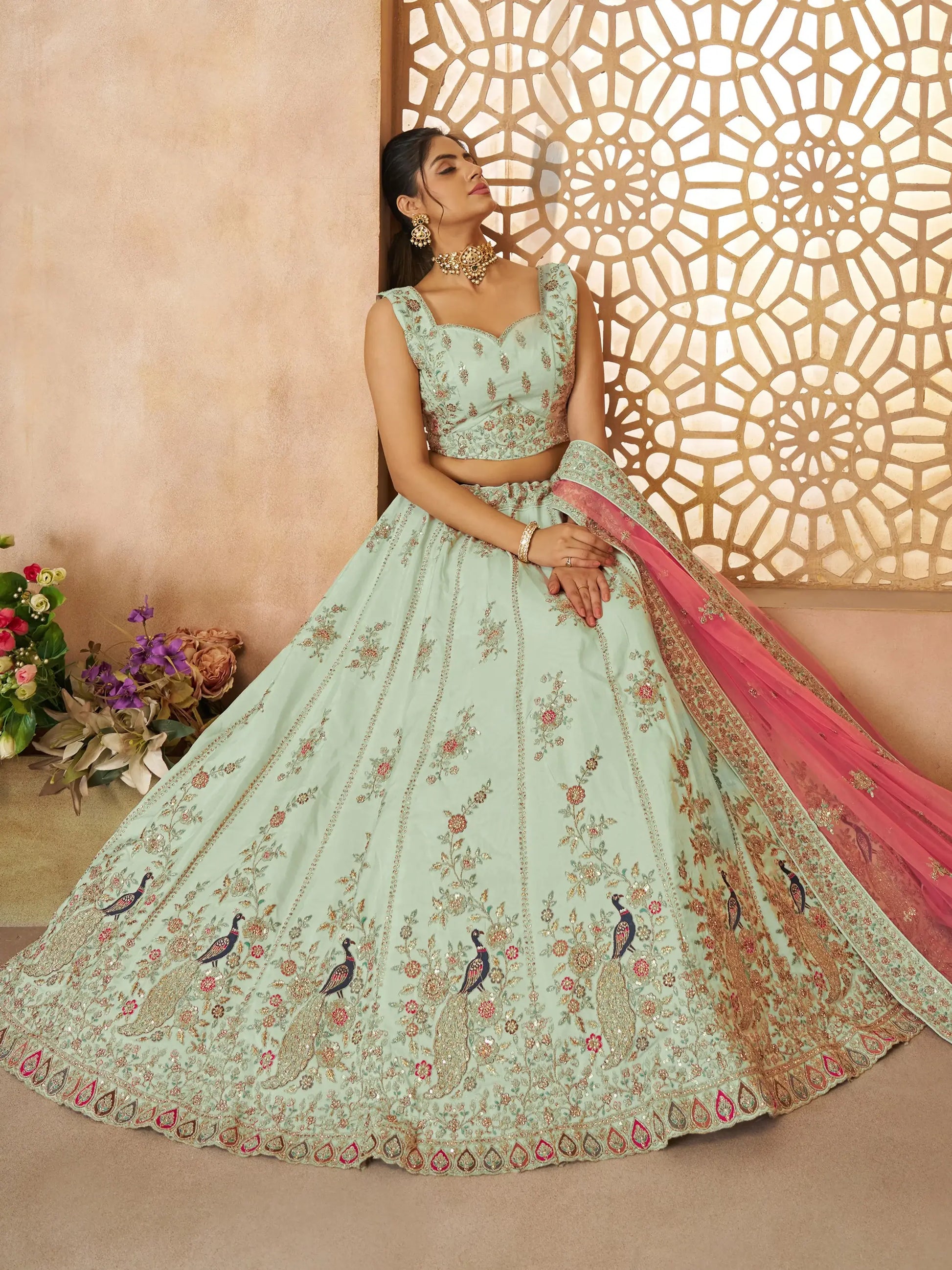 Lovely Pista Green Thread Work Silk Wedding Lehenga Choli With Dupatta - Zeel Clothing