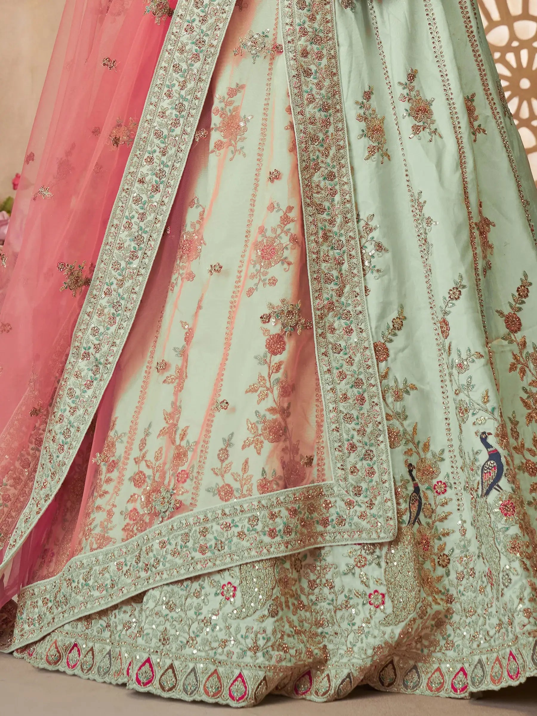 Lovely Pista Green Thread Work Silk Wedding Lehenga Choli With Dupatta - Zeel Clothing