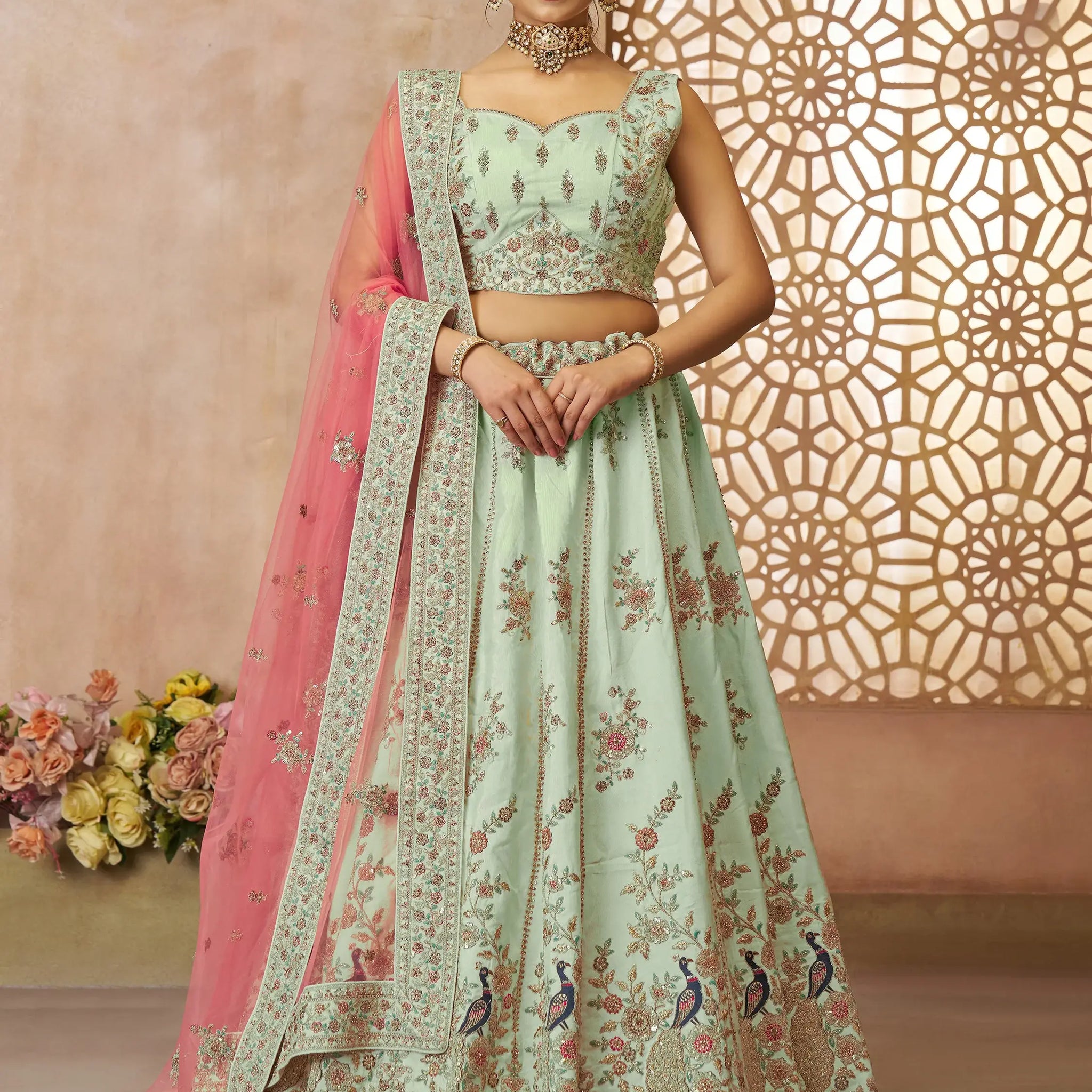 Lovely Pista Green Thread Work Silk Wedding Lehenga Choli With Dupatta - Zeel Clothing