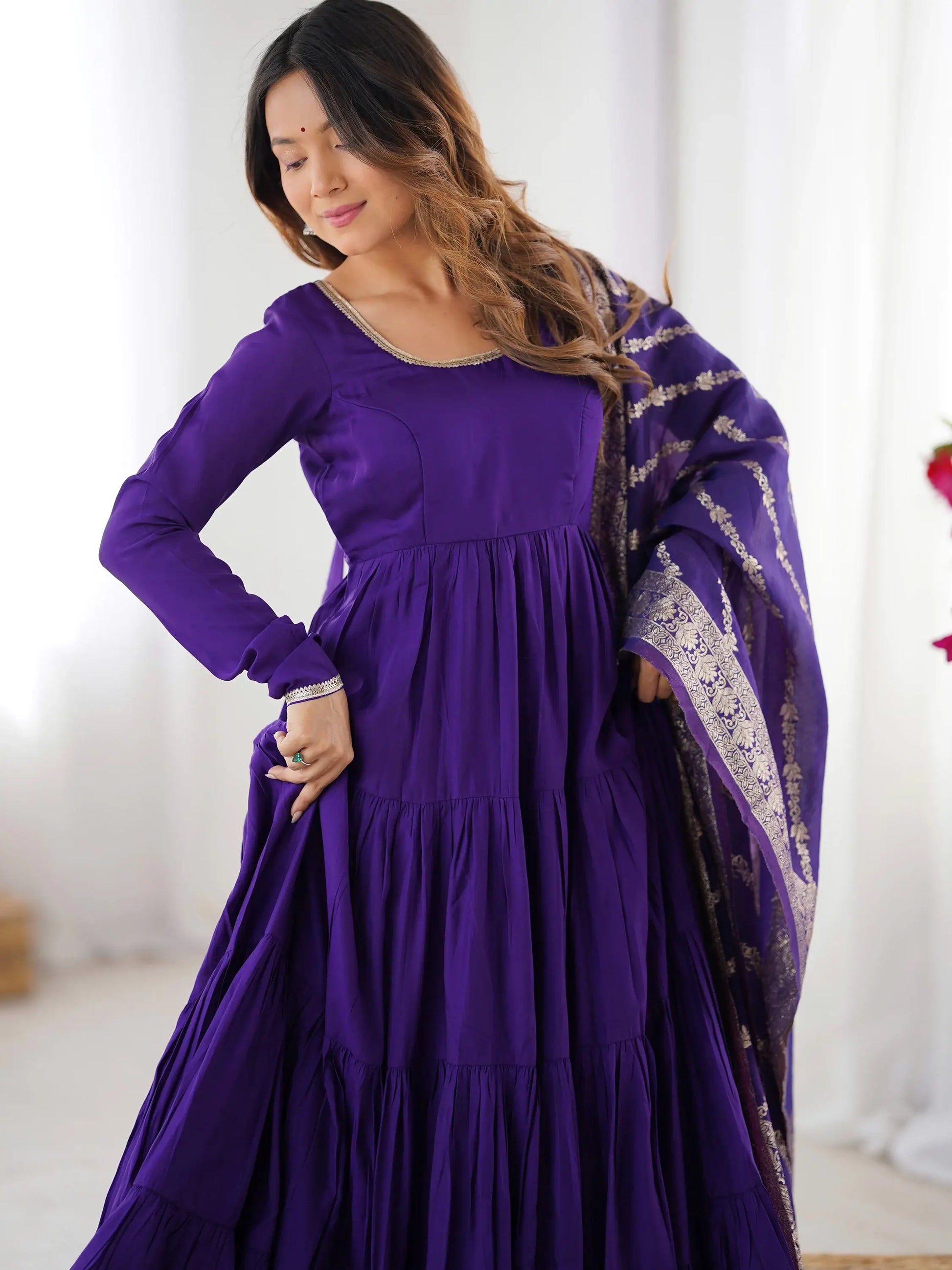 Lovely Purple Chanderi Anarkali Suit With Banarasi Silk Dupatta - Zeel Clothing