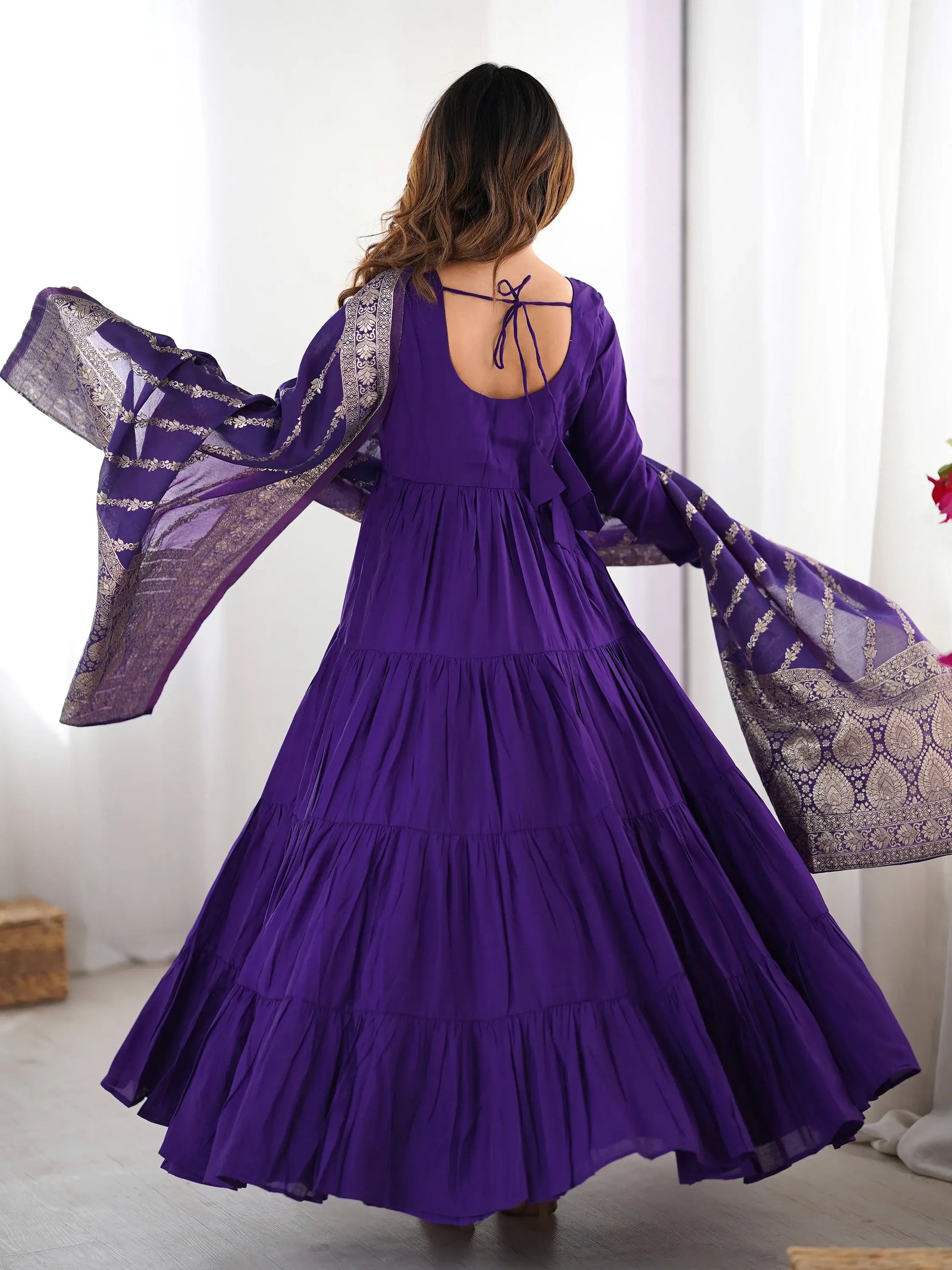 Lovely Purple Chanderi Anarkali Suit With Banarasi Silk Dupatta - Zeel Clothing