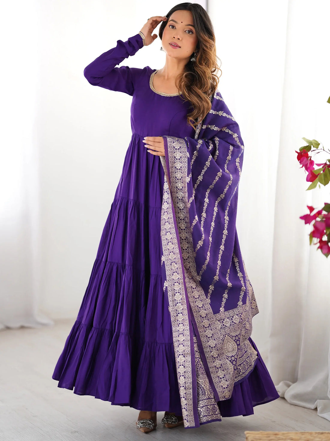 Lovely Purple Chanderi Anarkali Suit With Banarasi Silk Dupatta - Zeel Clothing