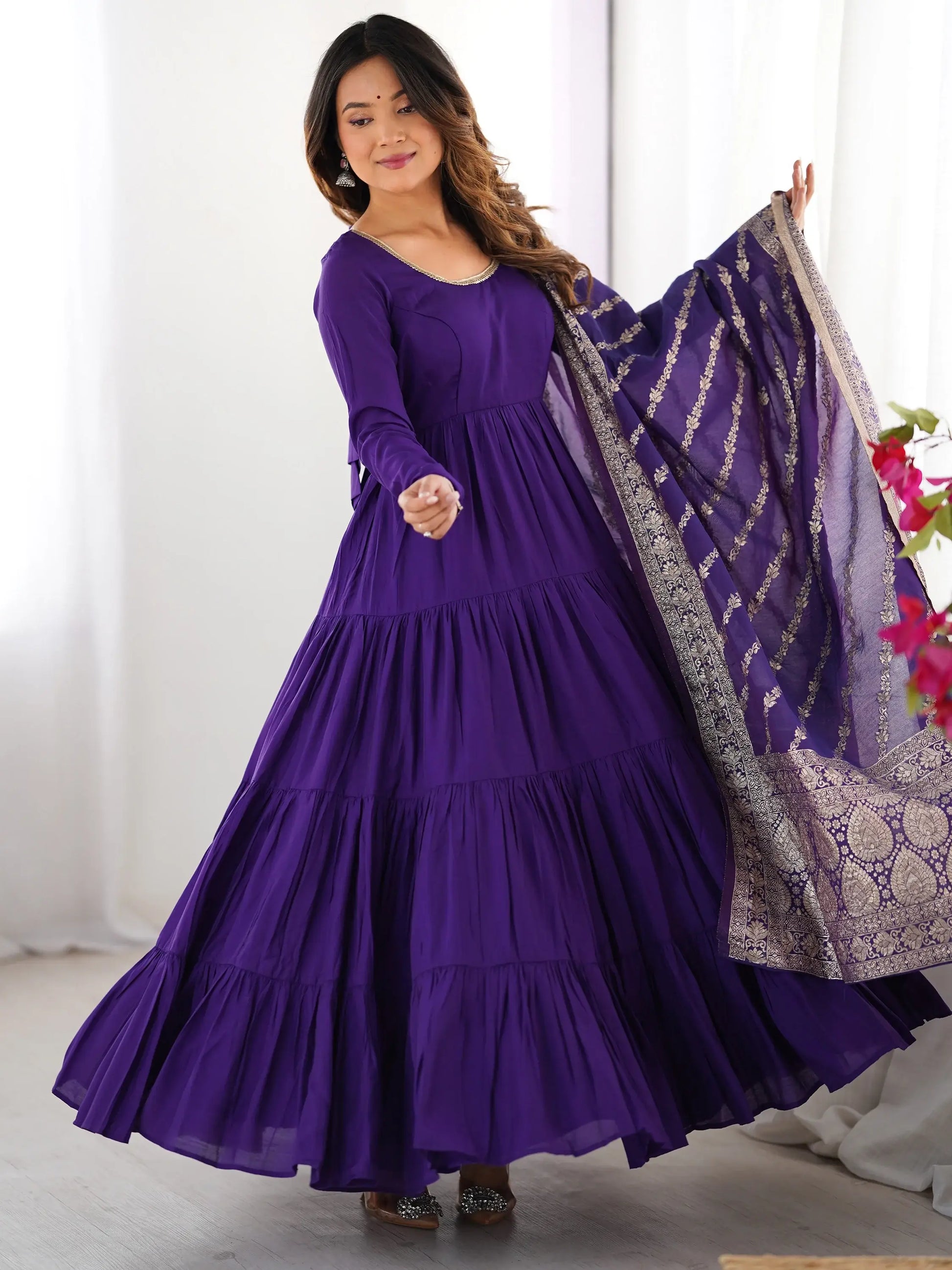 Lovely Purple Chanderi Anarkali Suit With Banarasi Silk Dupatta - Zeel Clothing