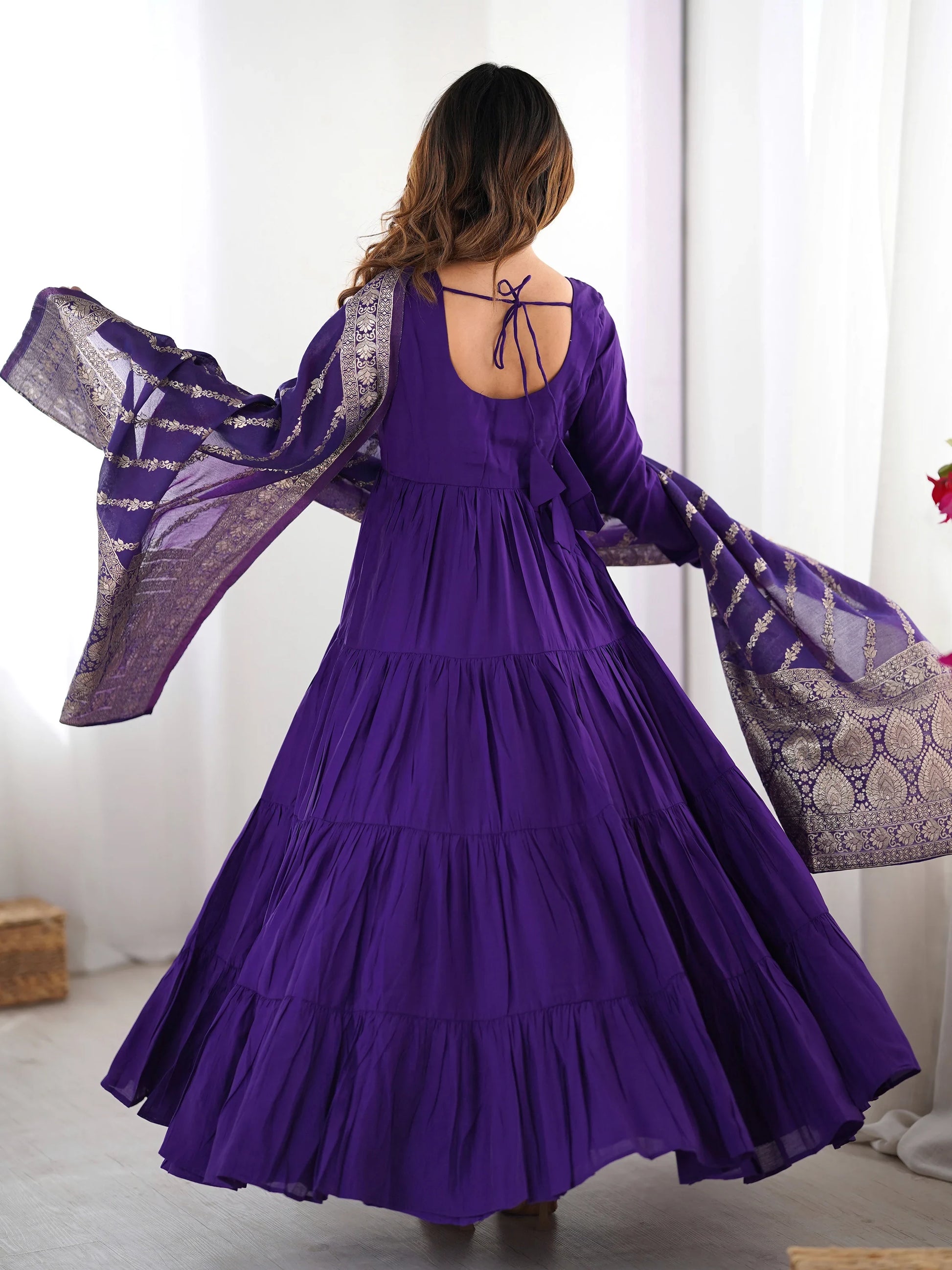 Lovely Purple Chanderi Anarkali Suit With Banarasi Silk Dupatta - Zeel Clothing