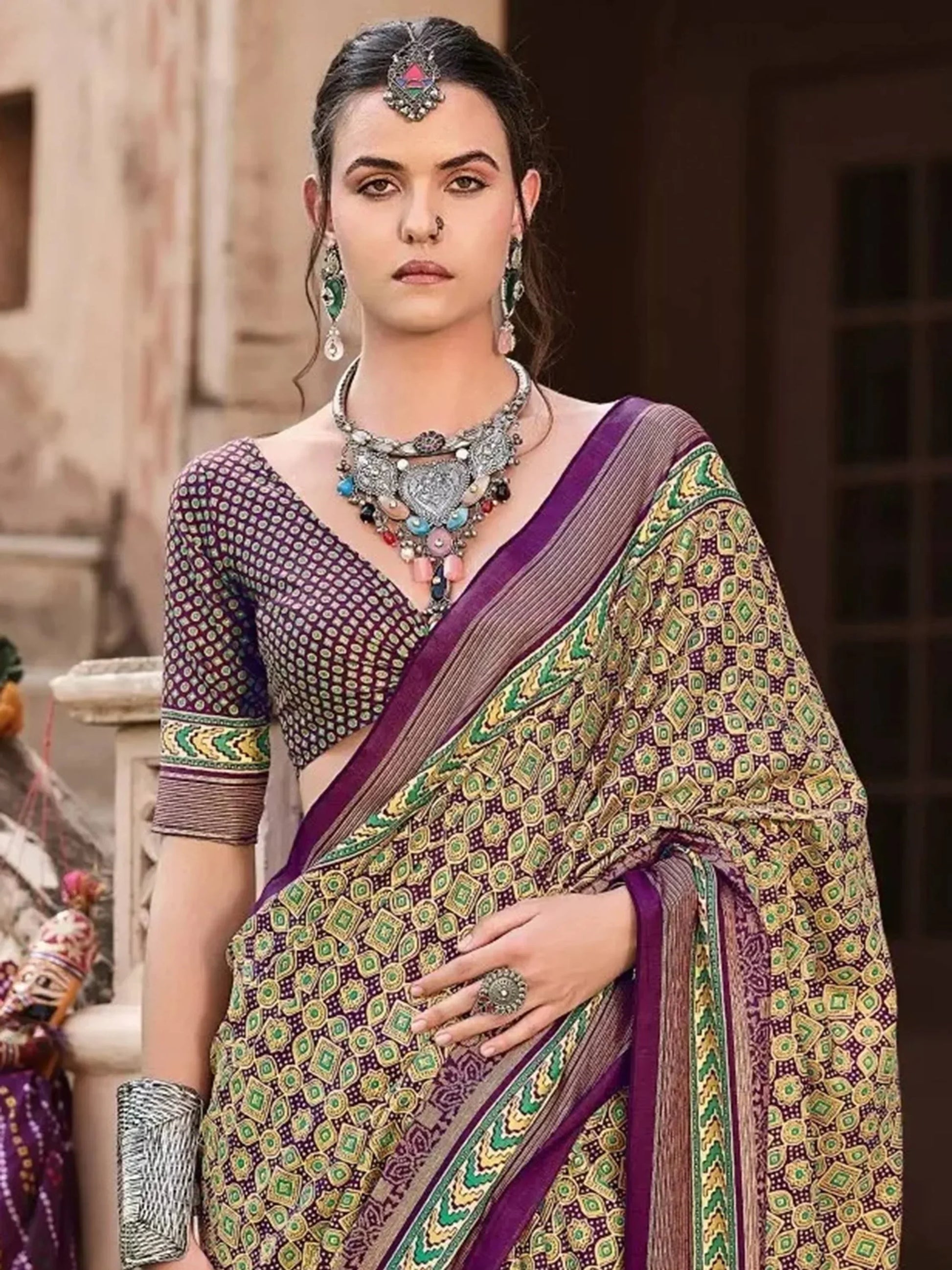 Lovely Purple Digital Printed Silk Casual Wear Saree With Blouse - Zeel Clothing