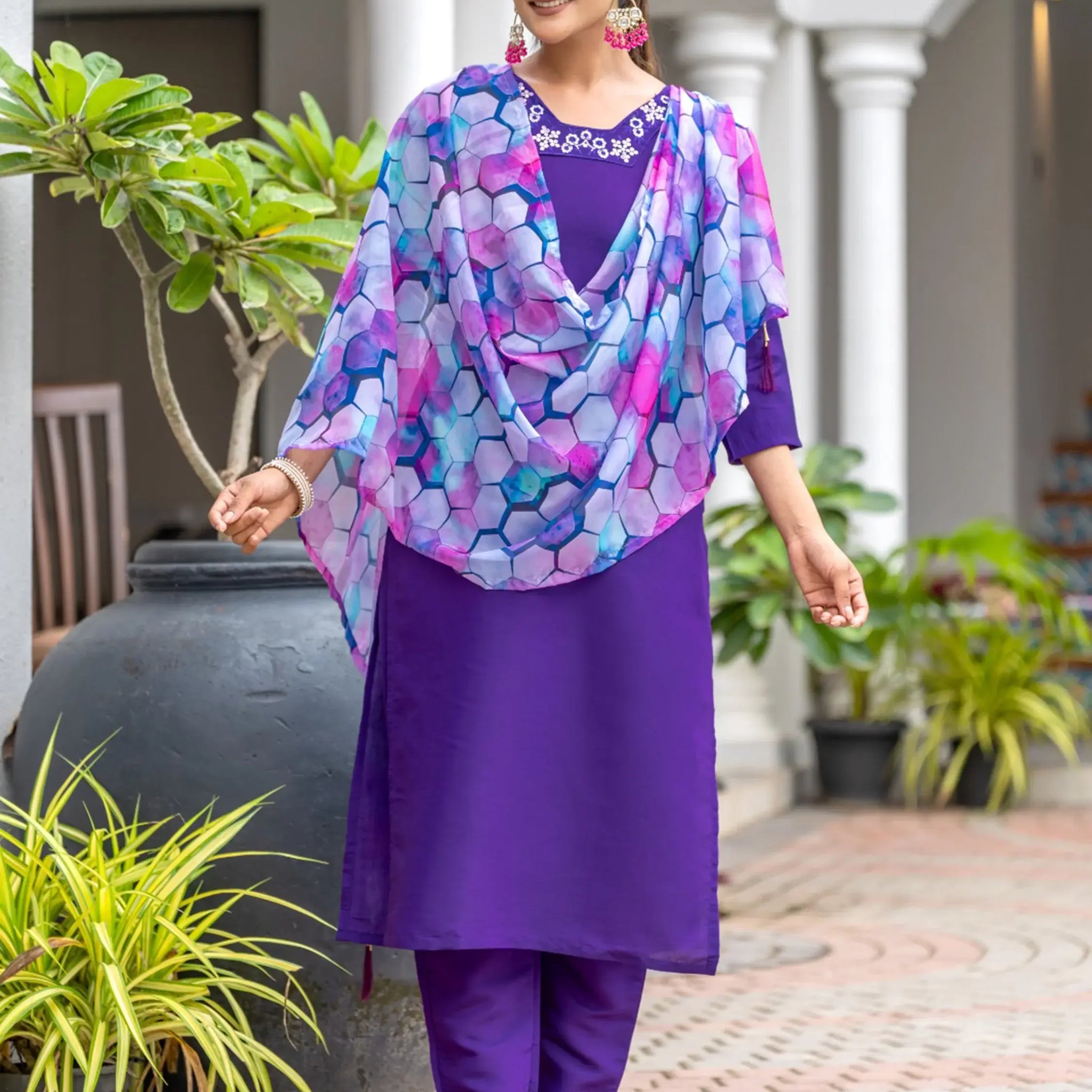 Lovely Purple Embroidered Rayon Readymade Pant Suit With Dupatta - Zeel Clothing