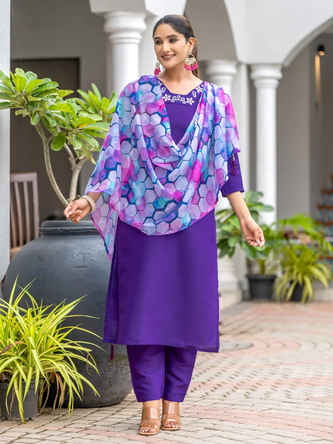 Lovely Purple Embroidered Rayon Readymade Pant Suit With Dupatta - Zeel Clothing
