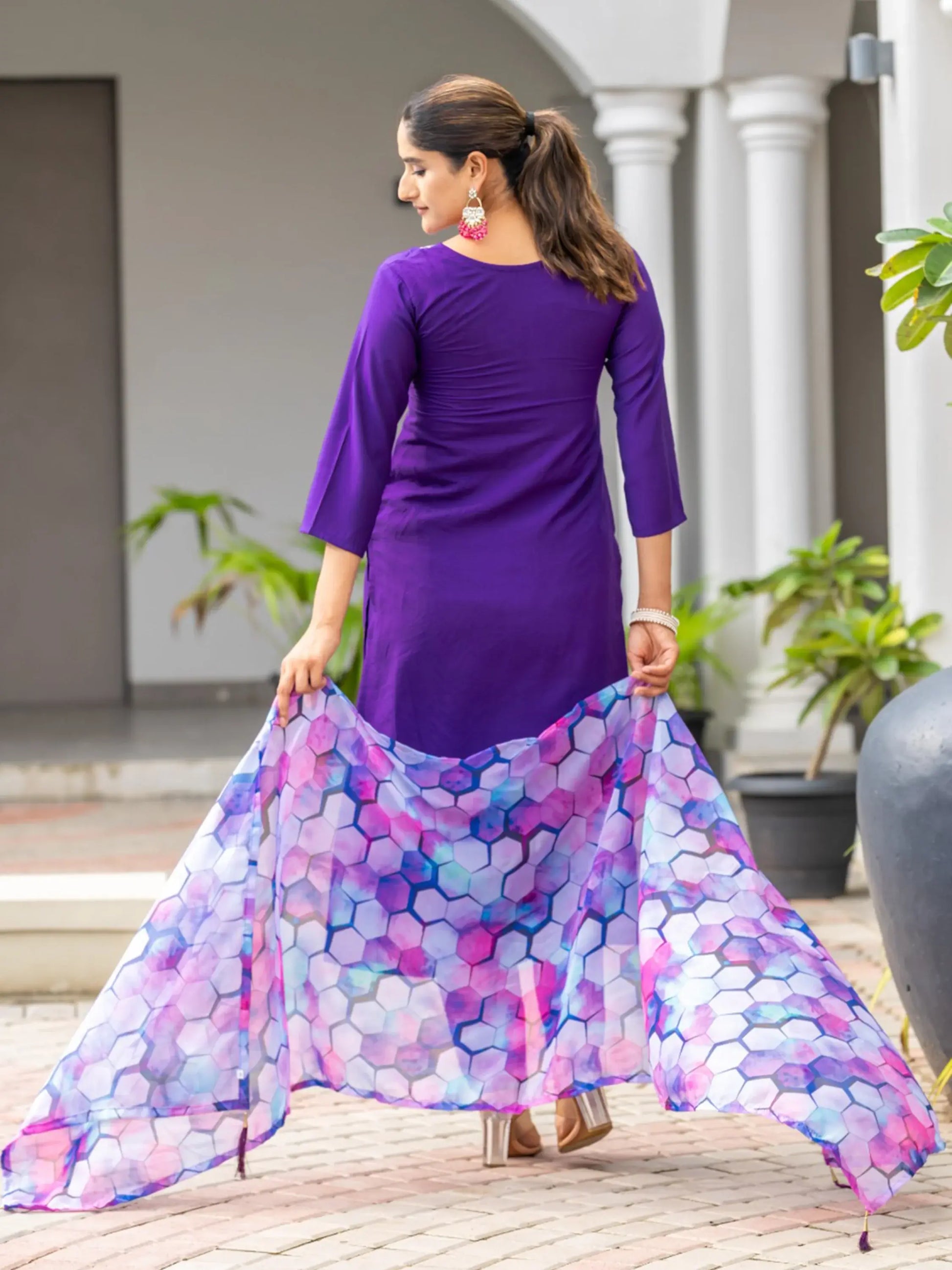 Lovely Purple Embroidered Rayon Readymade Pant Suit With Dupatta - Zeel Clothing