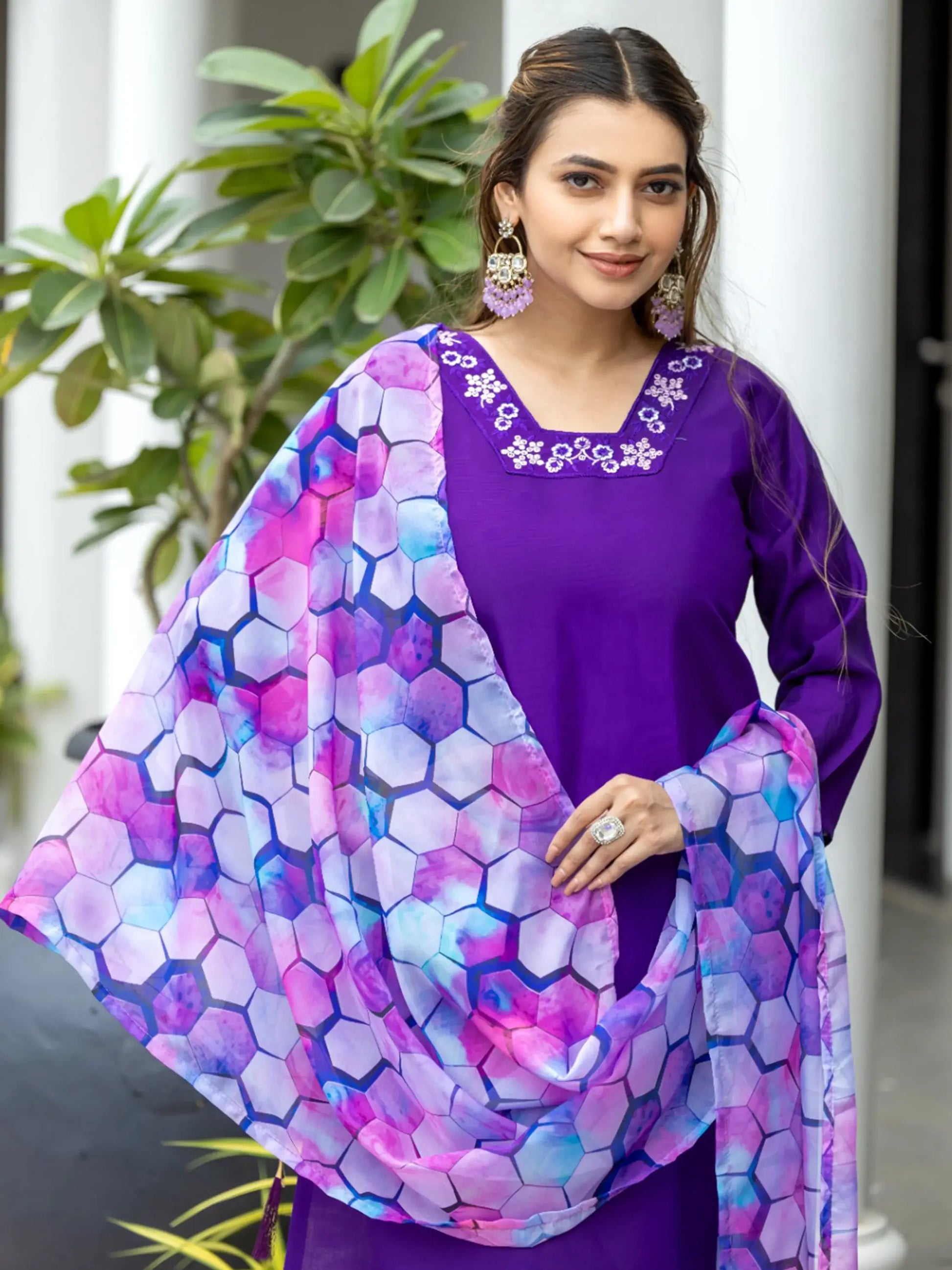 Lovely Purple Embroidered Rayon Readymade Pant Suit With Dupatta - Zeel Clothing