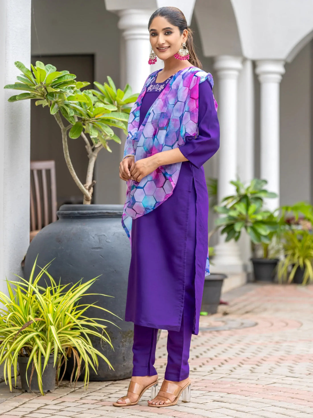 Lovely Purple Embroidered Rayon Readymade Pant Suit With Dupatta - Zeel Clothing