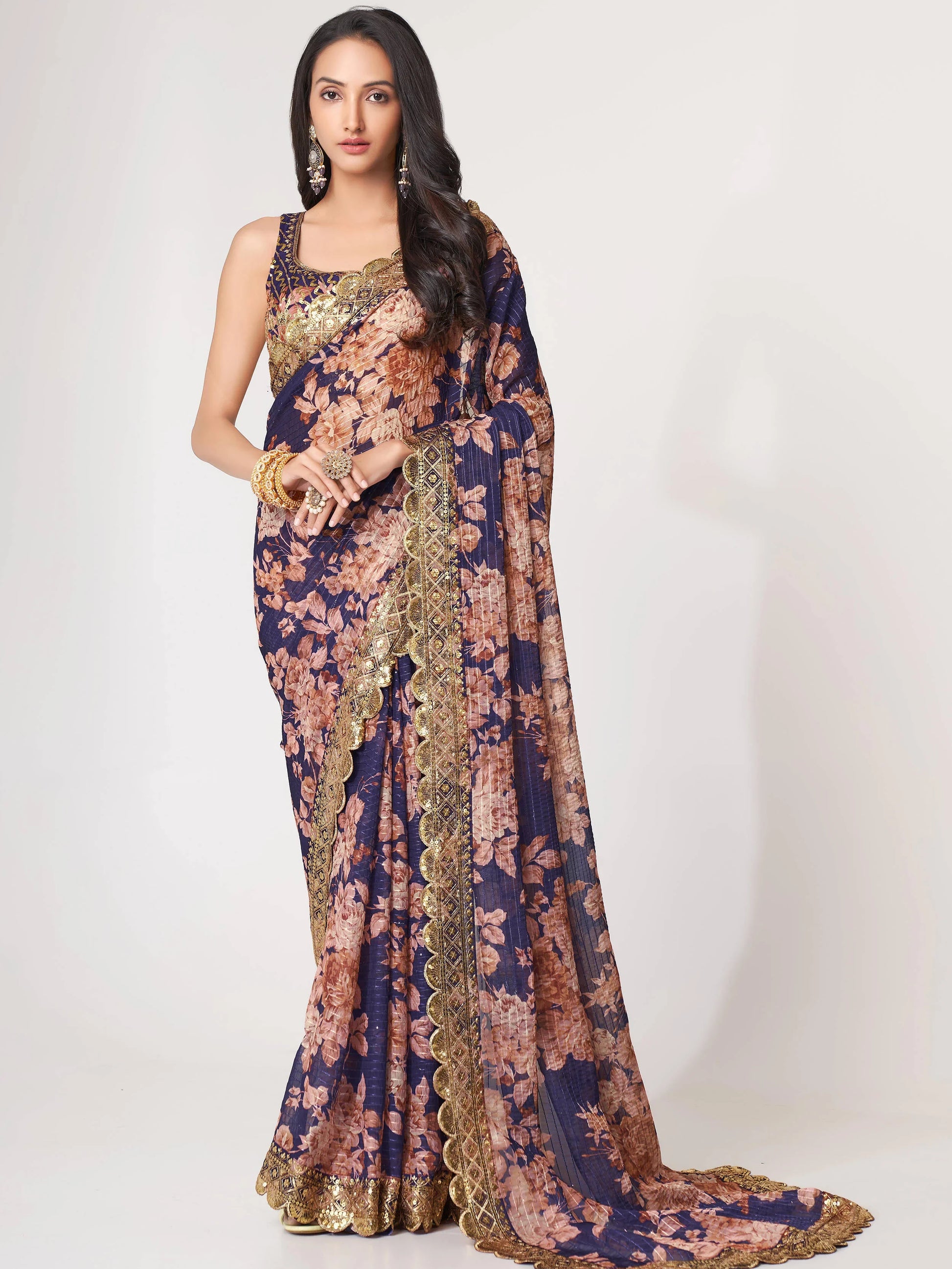 Lovely Purple Floral Print Organza Party Wear Saree With Blouse - Zeel Clothing