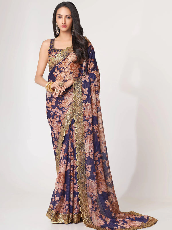 Lovely Purple Floral Print Organza Party Wear Saree With Blouse - Zeel Clothing