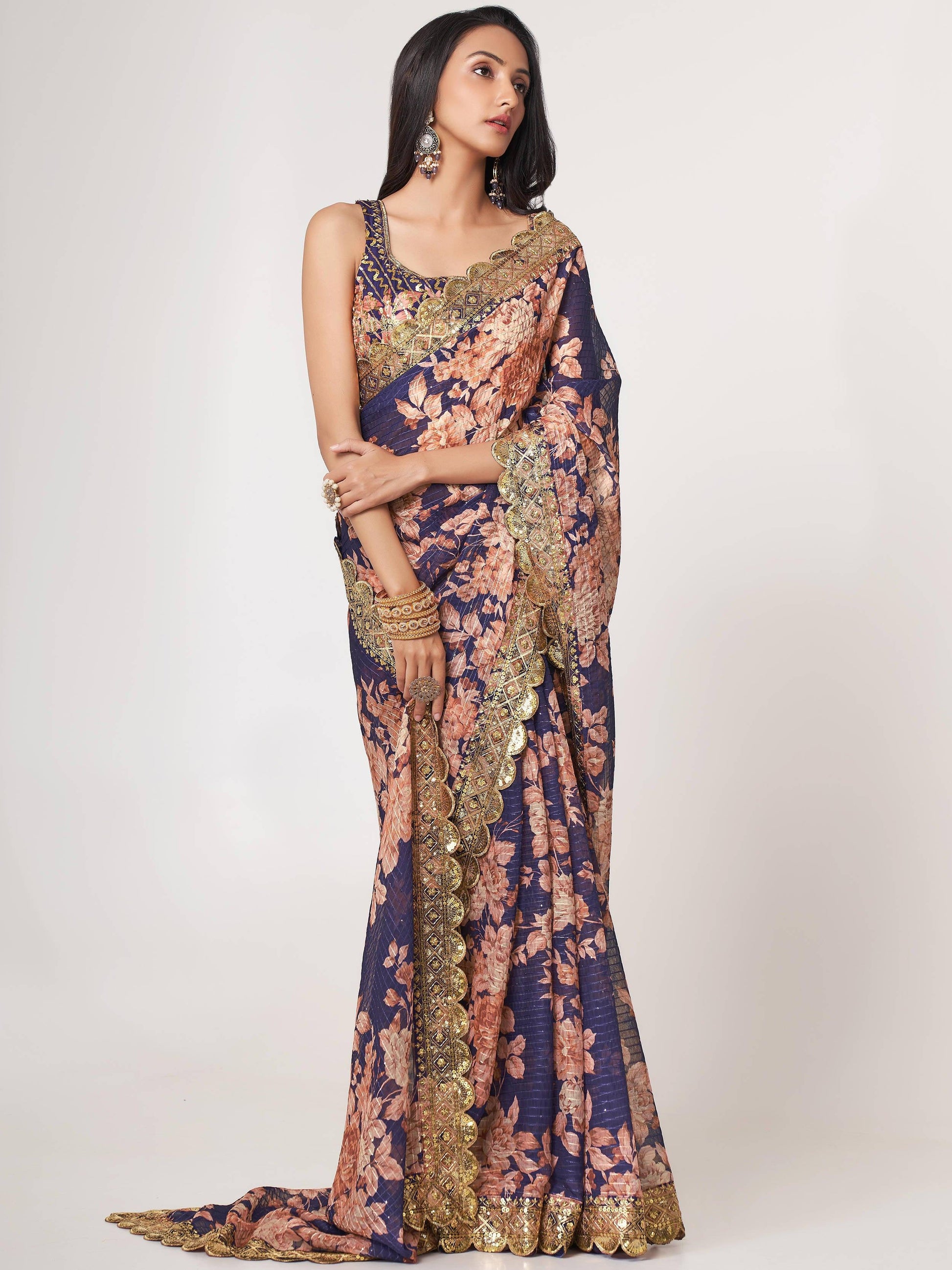 Lovely Purple Floral Print Organza Party Wear Saree With Blouse - Zeel Clothing