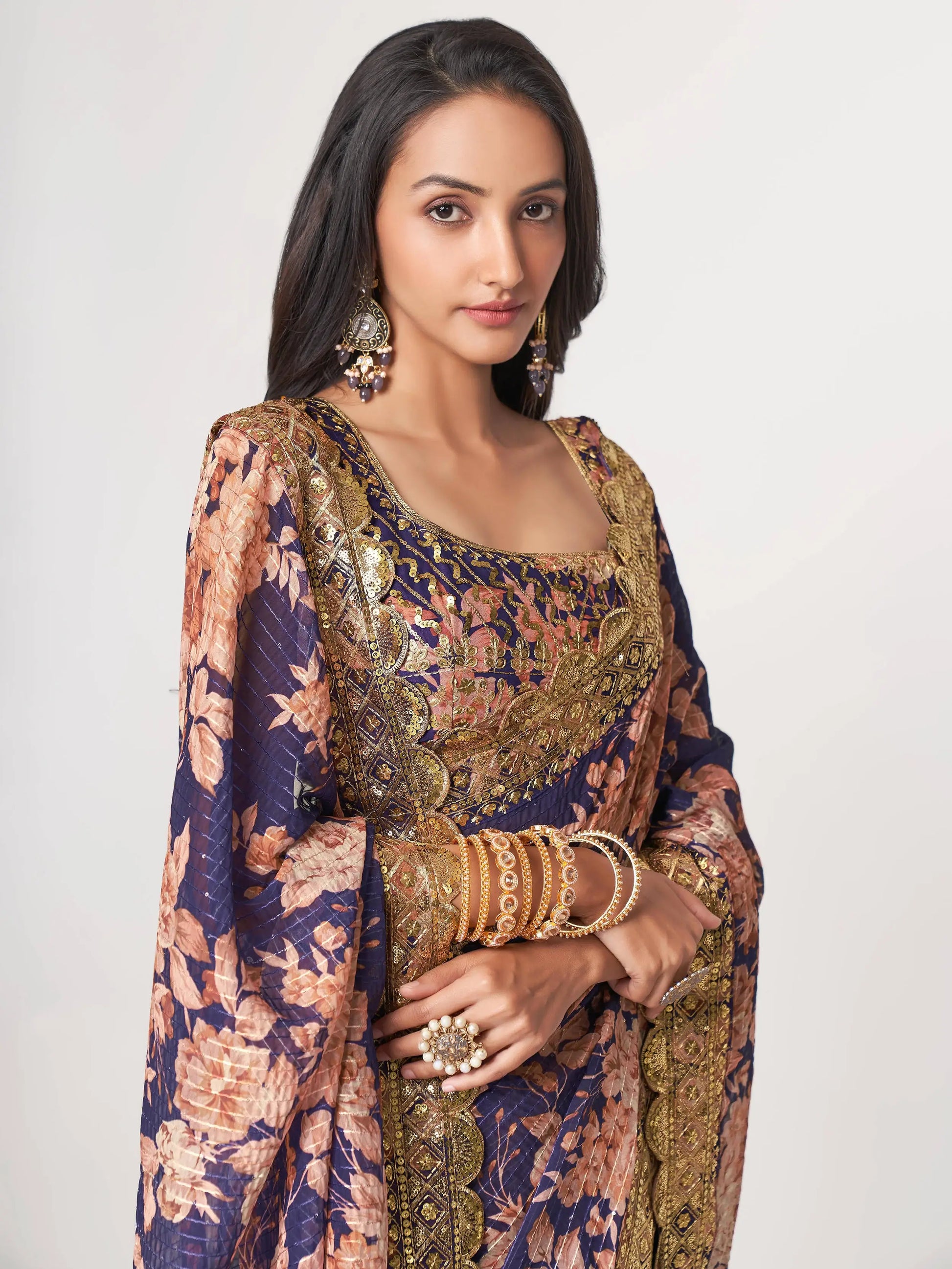 Lovely Purple Floral Print Organza Party Wear Saree With Blouse - Zeel Clothing