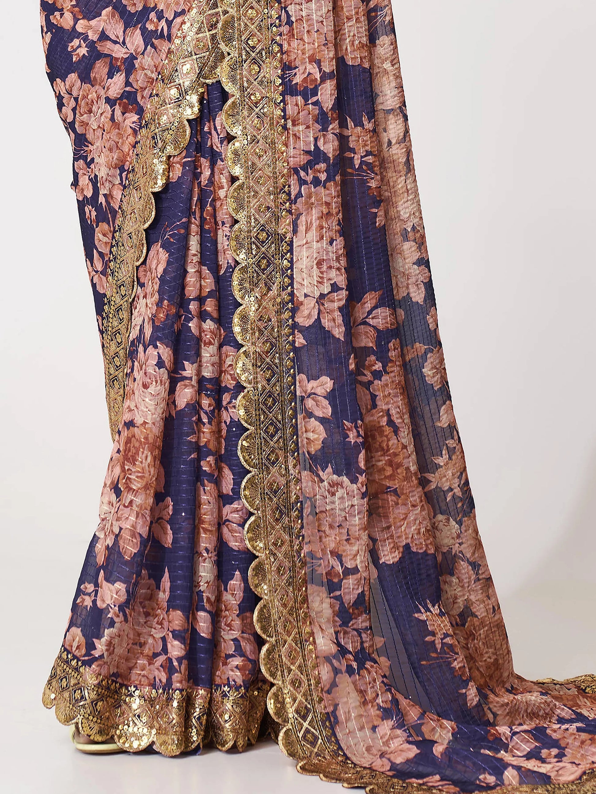 Lovely Purple Floral Print Organza Party Wear Saree With Blouse - Zeel Clothing