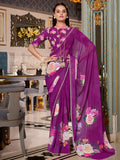 Lovely Purple Floral Printed Georgette Traditional Saree With Blouse - Zeel Clothing